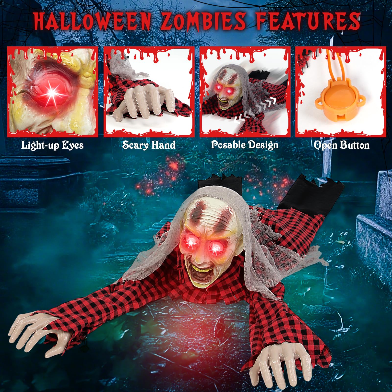 Boveco Zombie Halloween Animatronics Decoration with Light-Up Eyes Creepy Sound & Activated Sensor Outdoor and Indoor Scary Anim