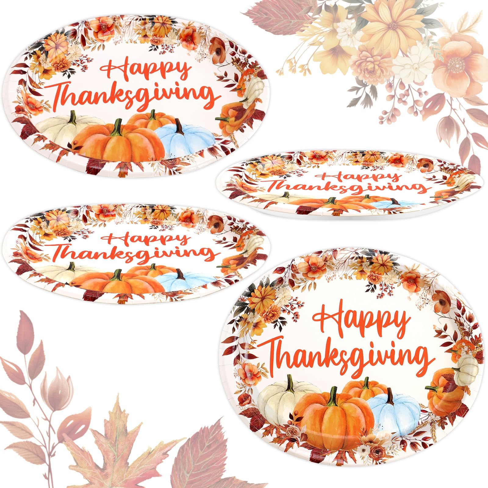WorldBazaar Thanksgiving Oval Paper Plates 24 Count 10 X 12 Large Pumpkin Plates Disposable Dinner Platter Fall Holiday Party Su