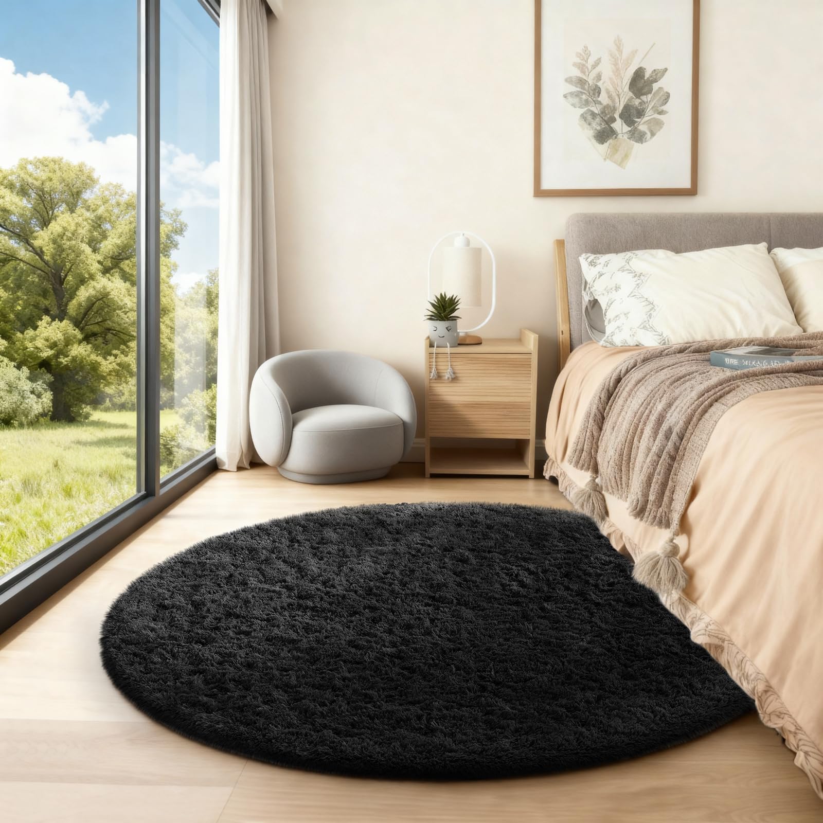 Ophanie Round Rug 4Ft Black Circle Area Rug, Room Decor for Men, Fluffy Fuzzy Bedroom Carpet, Plush Soft Shaggy Living Room Rugs