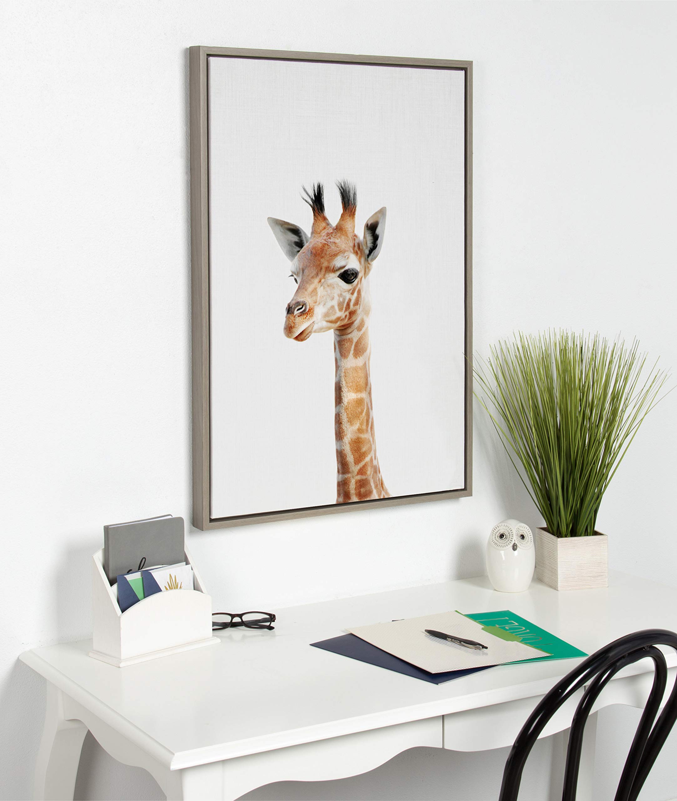 Kate And Laurel Sylvie Baby Giraffe Animal Print Portrait Framed Canvas Wall Art By Amy Peterson, 23X33 Gray