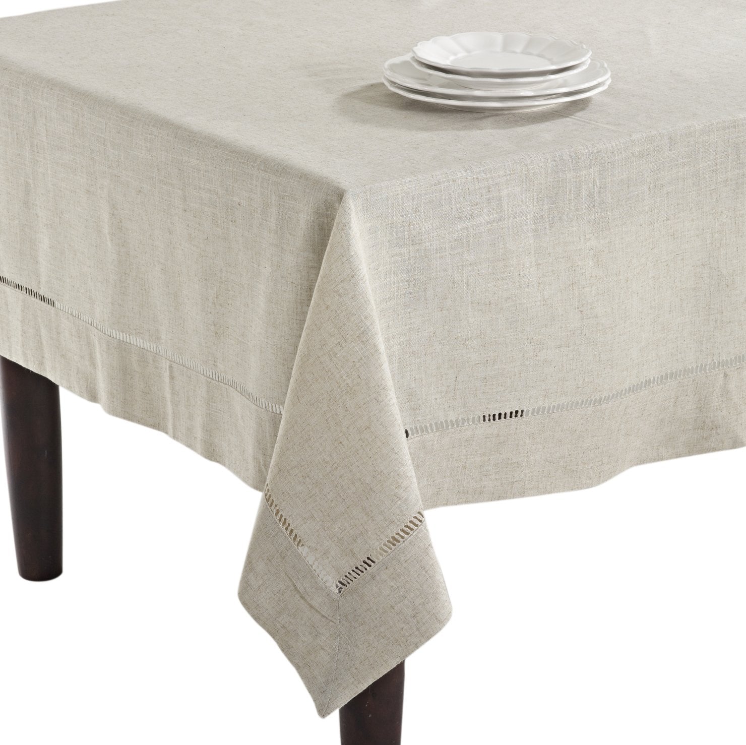Saro Lifestyle Poly And Linen Blend Toscana Tablecloth With Hemstitch Border, Natural, 65''X140''