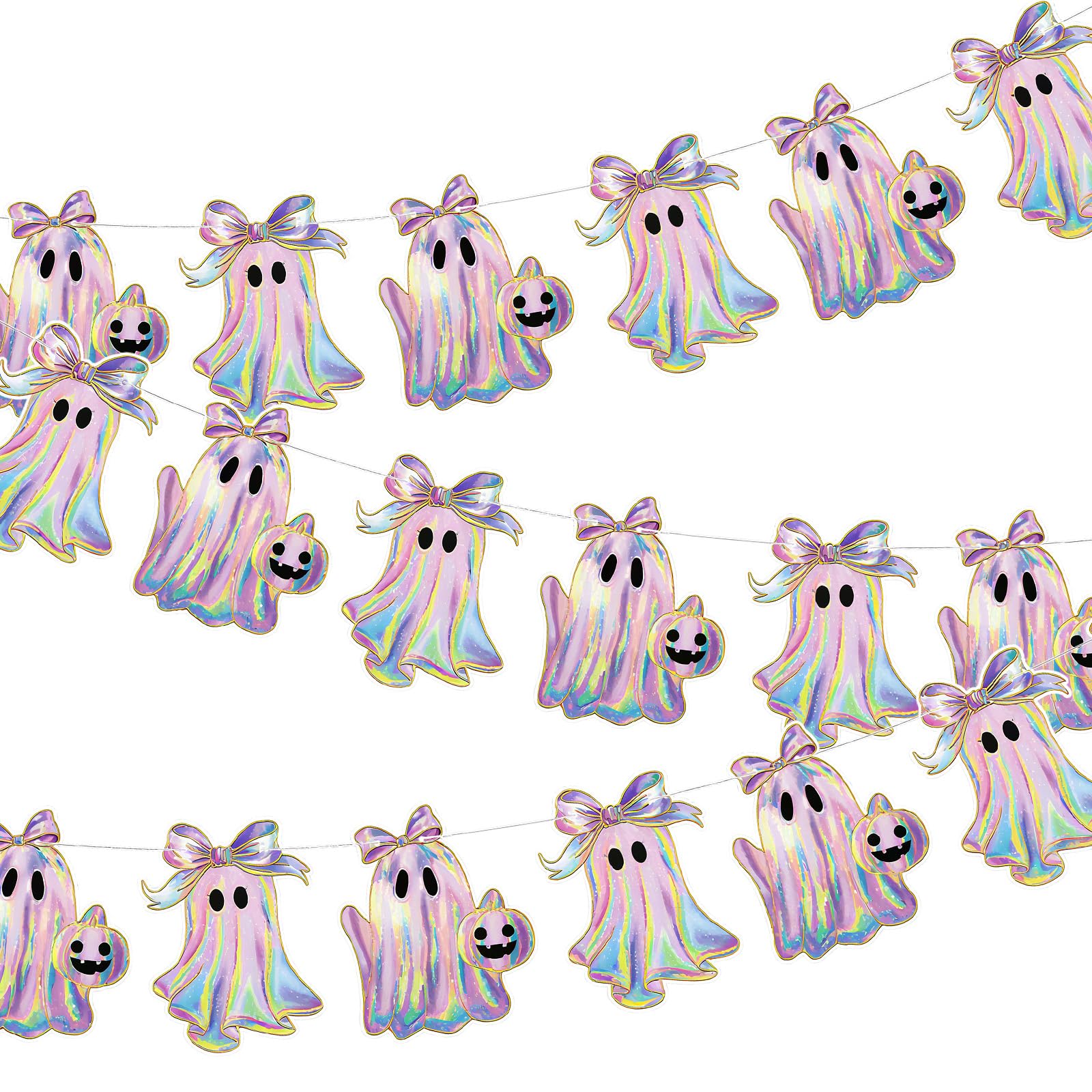 Oudain 2 Pack Halloween Ghost Garland 6.56 ft Iridescent Ghost Decor Laser Cute Boo Holographic Paper Bow Hanging Banner for Hal