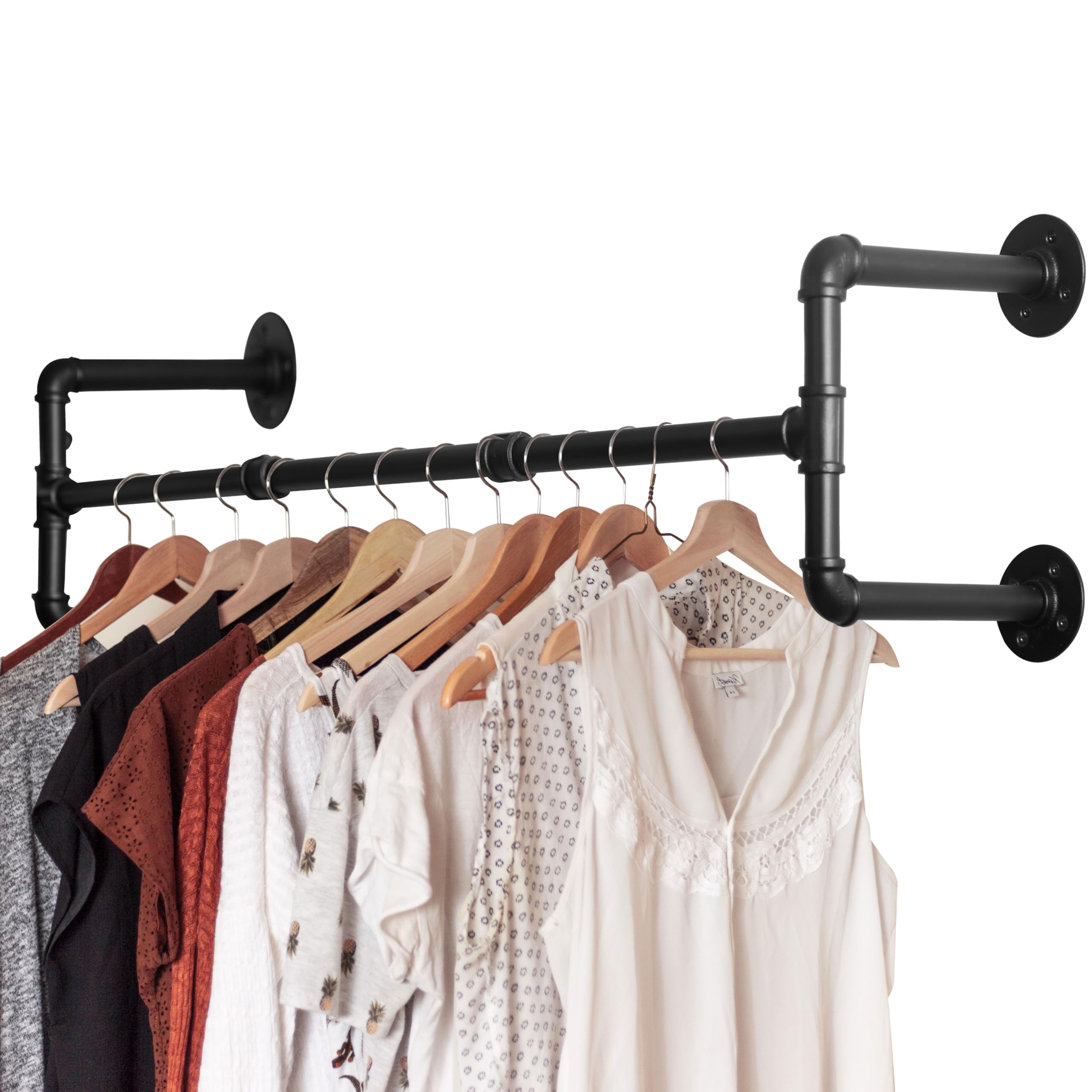 WEBI Clothing Rack Wall Mount 42'' Industrial Pipe Clothes Rack for Hanging Clothes Heavy Duty Iron Garment Rack Bar Retail Display Clothes Rod for Closet Laundry Room 4 Base Black