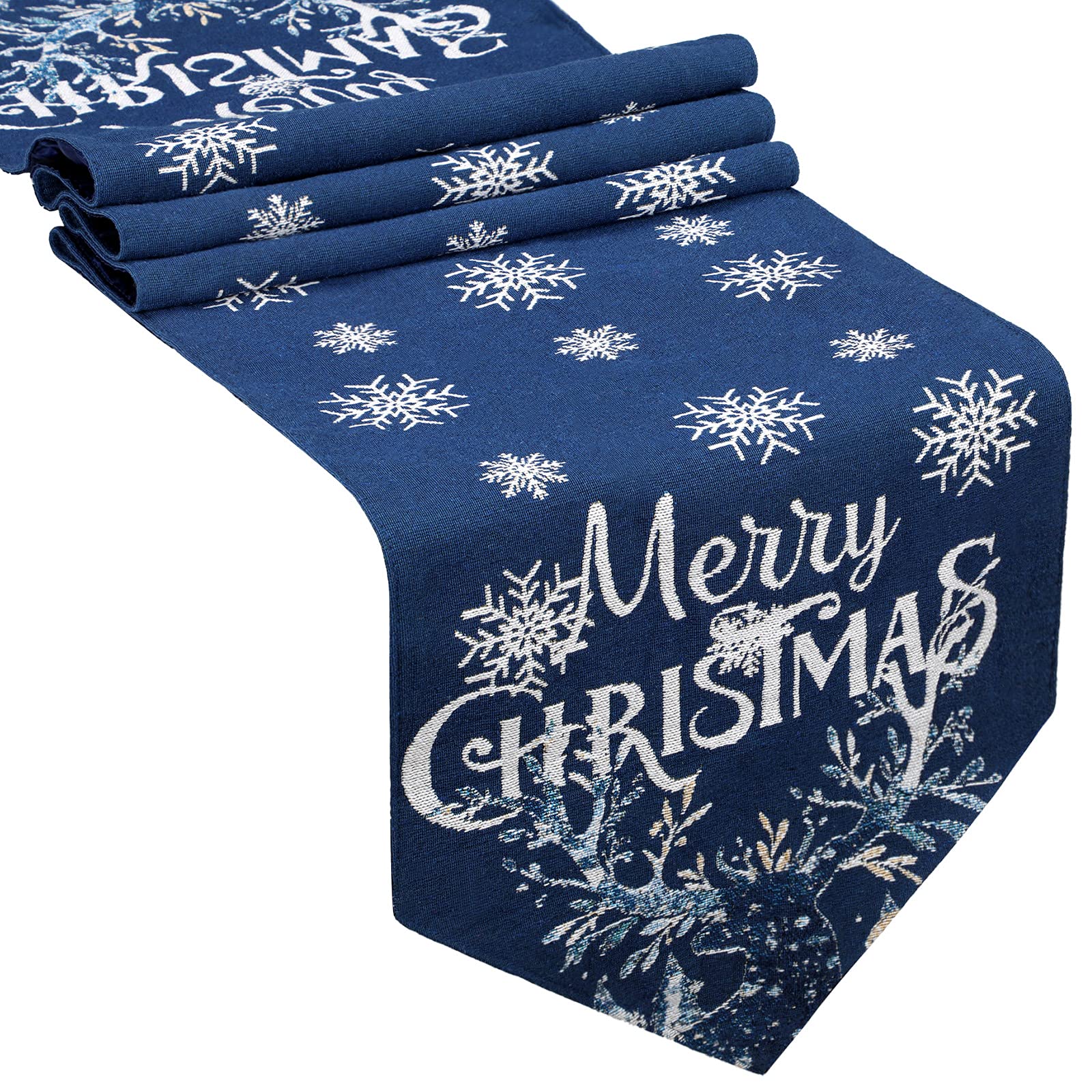 Boao Christmas Table Runner Embroidery Snowflake Elk 13x70 Inch Xmas Classic Red Blue Runner for Dining Room Kitchen Christmas W
