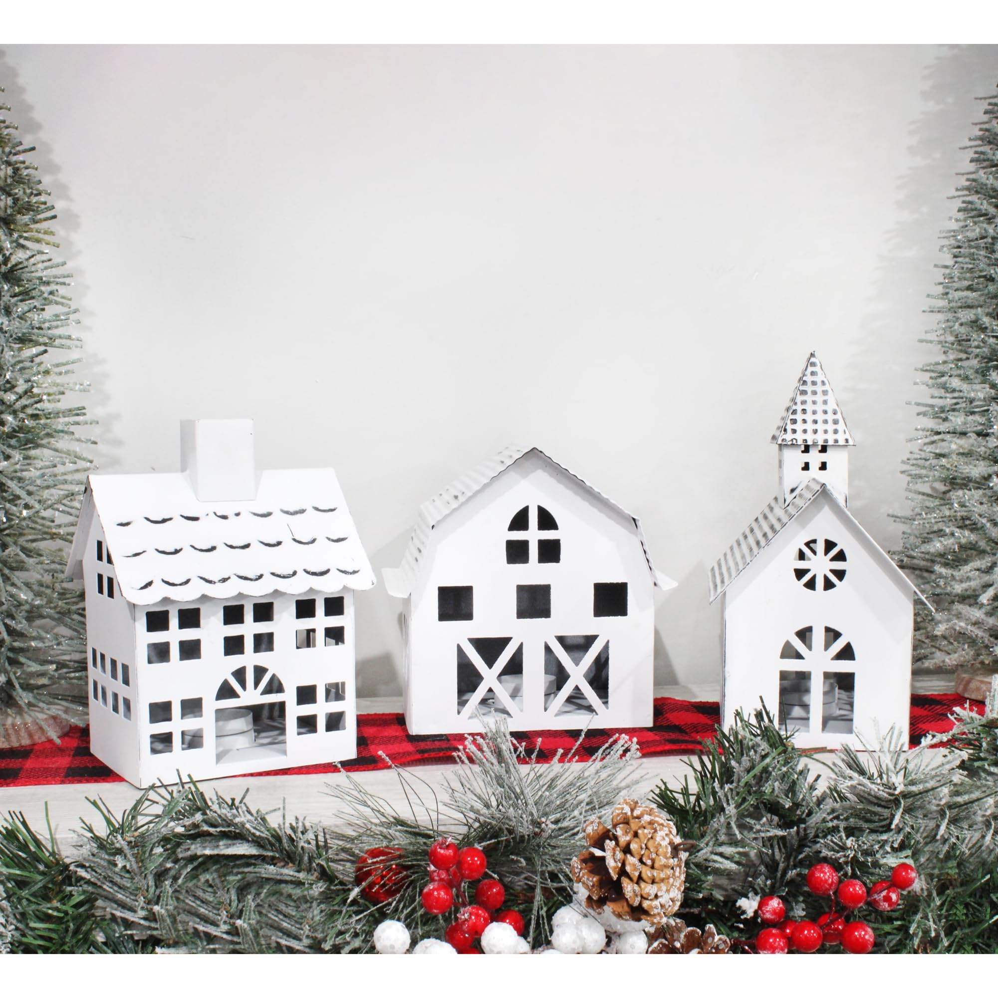 AuldHome Design Farmhouse Christmas Village Collection #2 w/Church, Barn and School (Set of 3, White); Candle Lantern Decorative