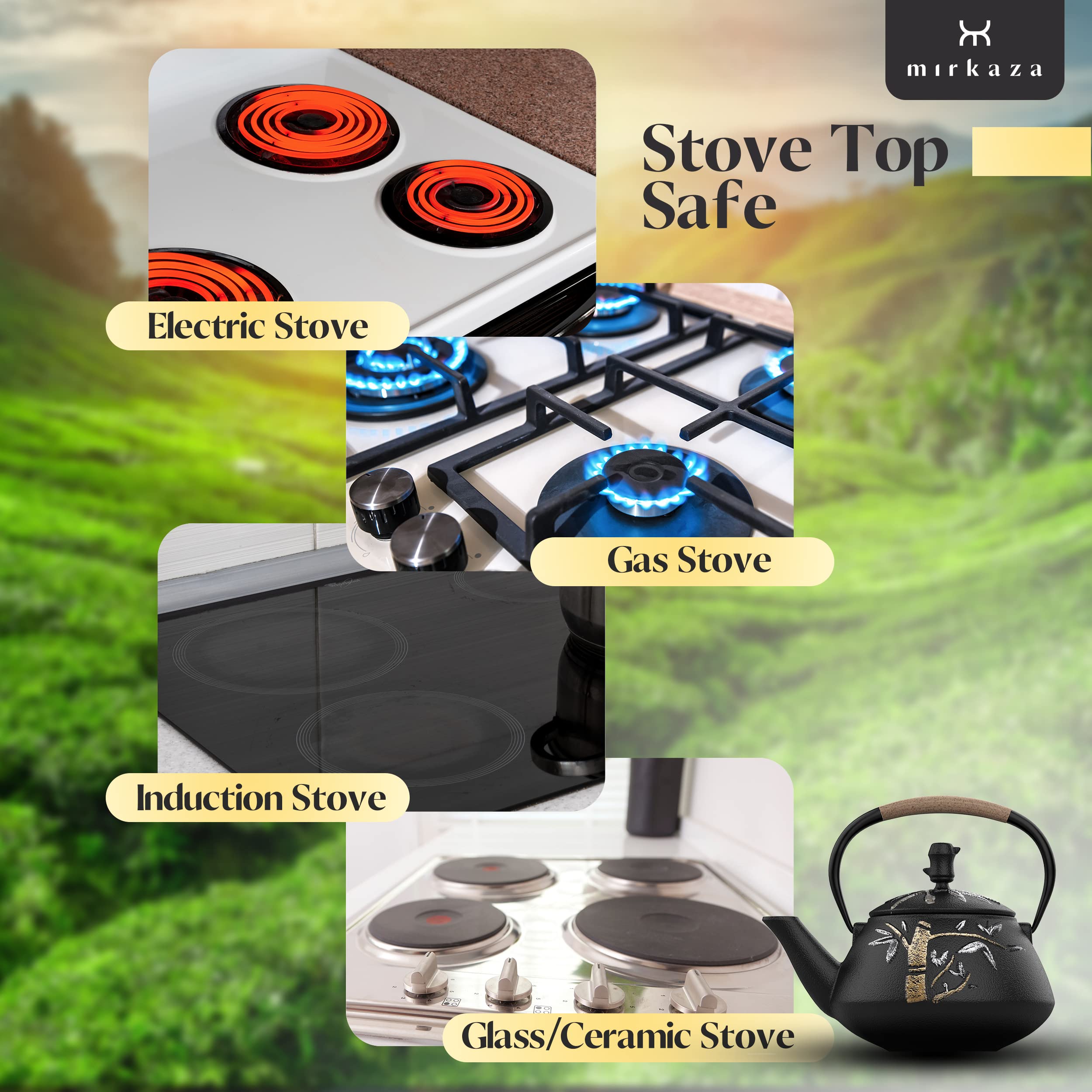Tea Kettle, Cast Iron Tea Pot With Stainless Steel Infuser, Japanese Tea Pots For Stove Top, Unique Hand Painted Bamboo Pattern,