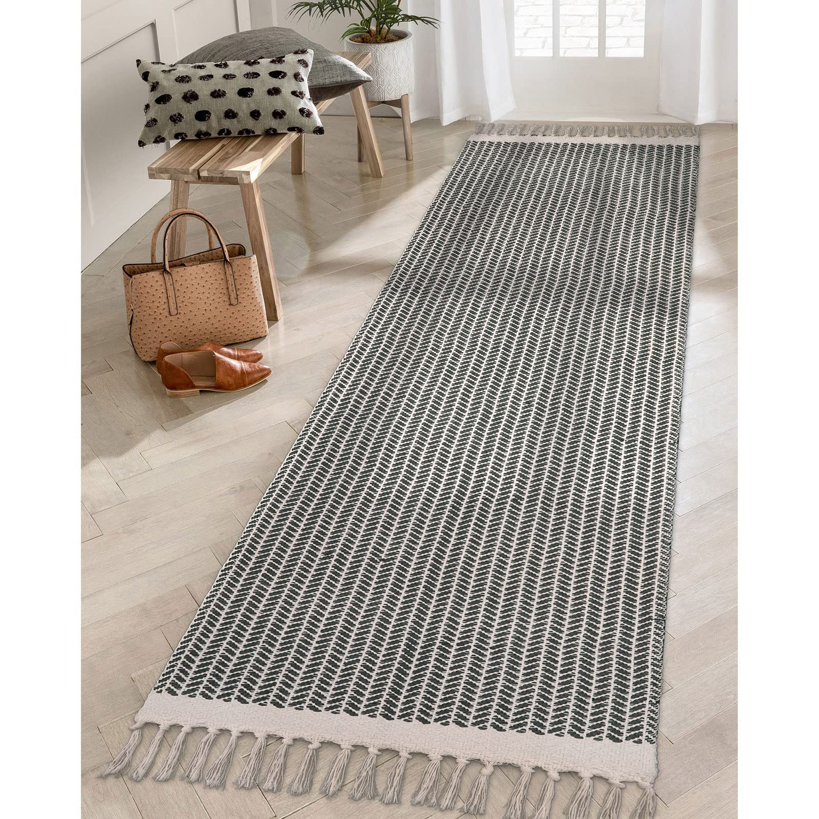 Lahome Boho Kitchen Runner, 26x8 Entryway Rug Lightweight Runners for Hallway Washable Runner Rug with Tassels, Farmhouse Gre