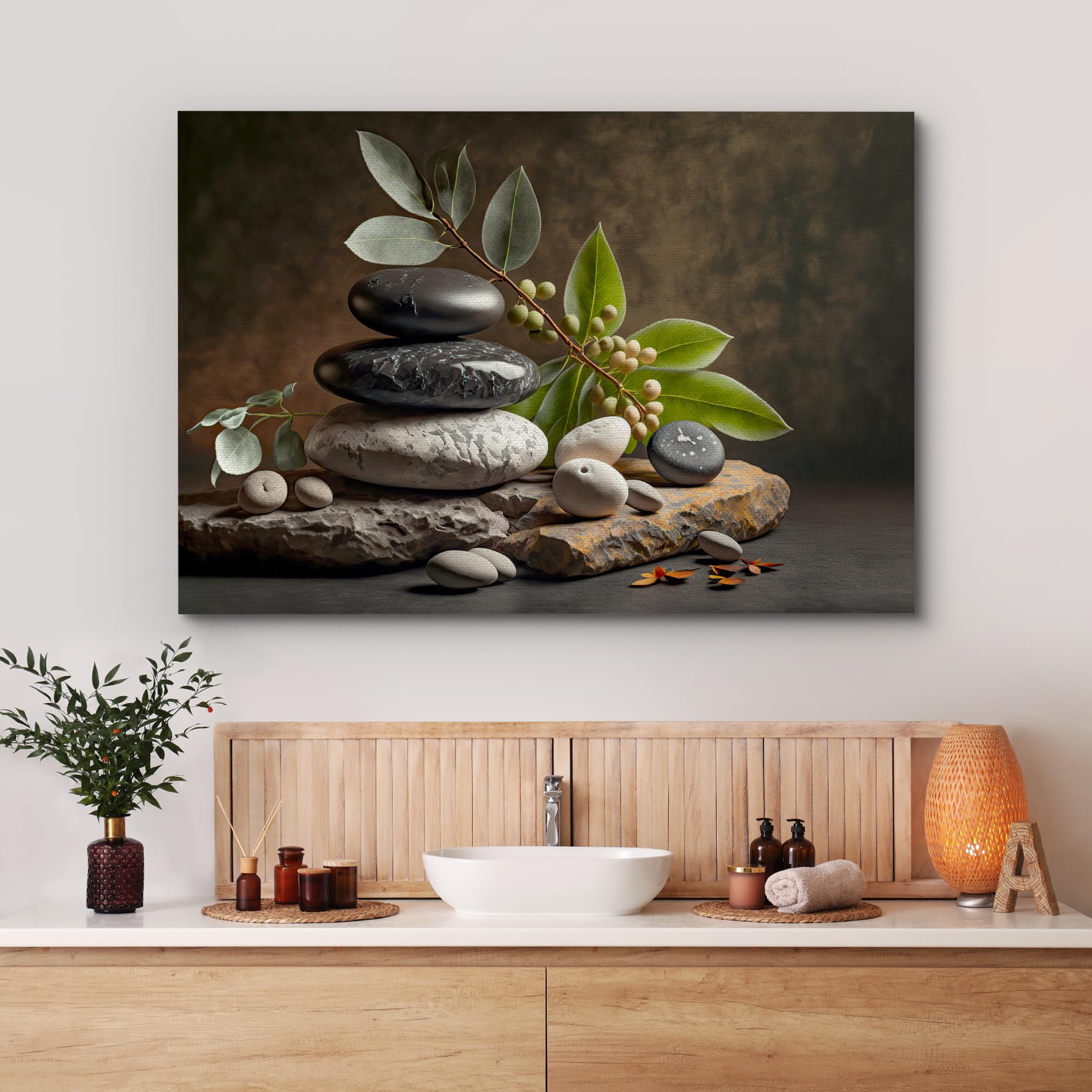 Wall26 Canvas Print Wall Art Zen Massage Stone Pebble Bamboo Leaf Nature Wilderness Photography Realism Modern Art Decorative Mu