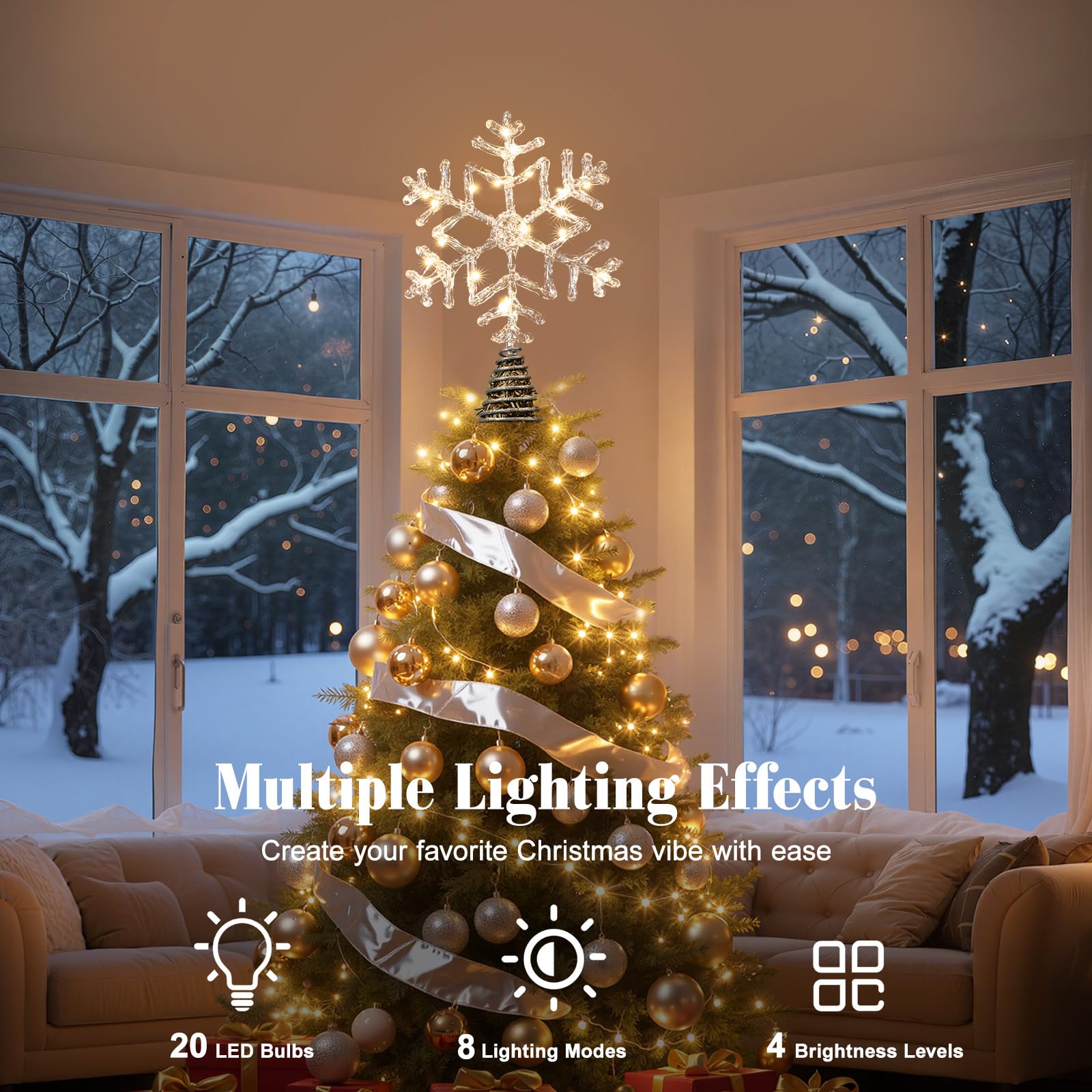Lewondr Christmas Snowflake Tree Topper, 12.2 Glittered Epoxy Xmas Tree Topper with 20 LED Bulbs, 6 Hrs Timer and 8 Modes USB