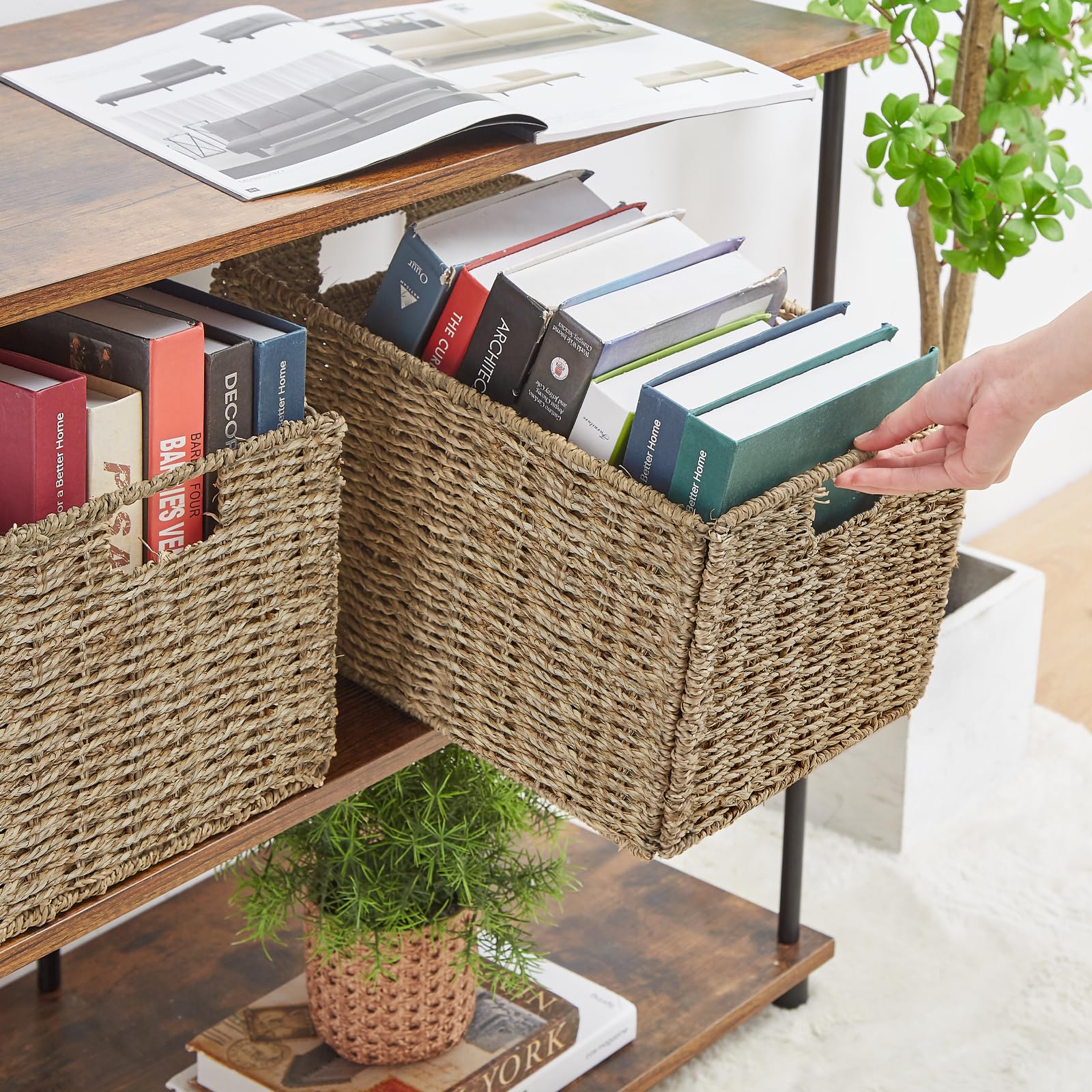 Vagusicc Wicker Basket, Baskets For Organizing, Set Of 2 Woven Seagrass Wicker Storage Basket With Handles, Foldable Large Cube