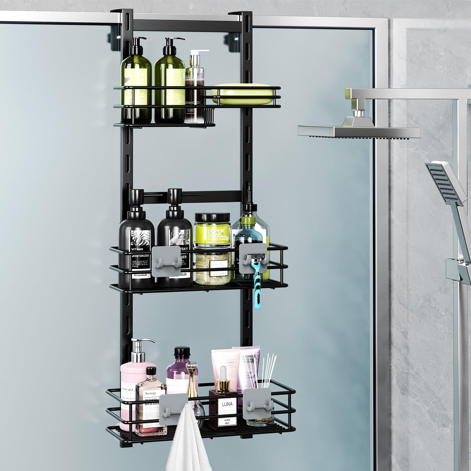 Orimade Over The Door Shower Caddy Adjustable 3 Tier Black,Bathroom Hanging Organizer Shelf Rustproof With 4 Hooks,Shower Basket