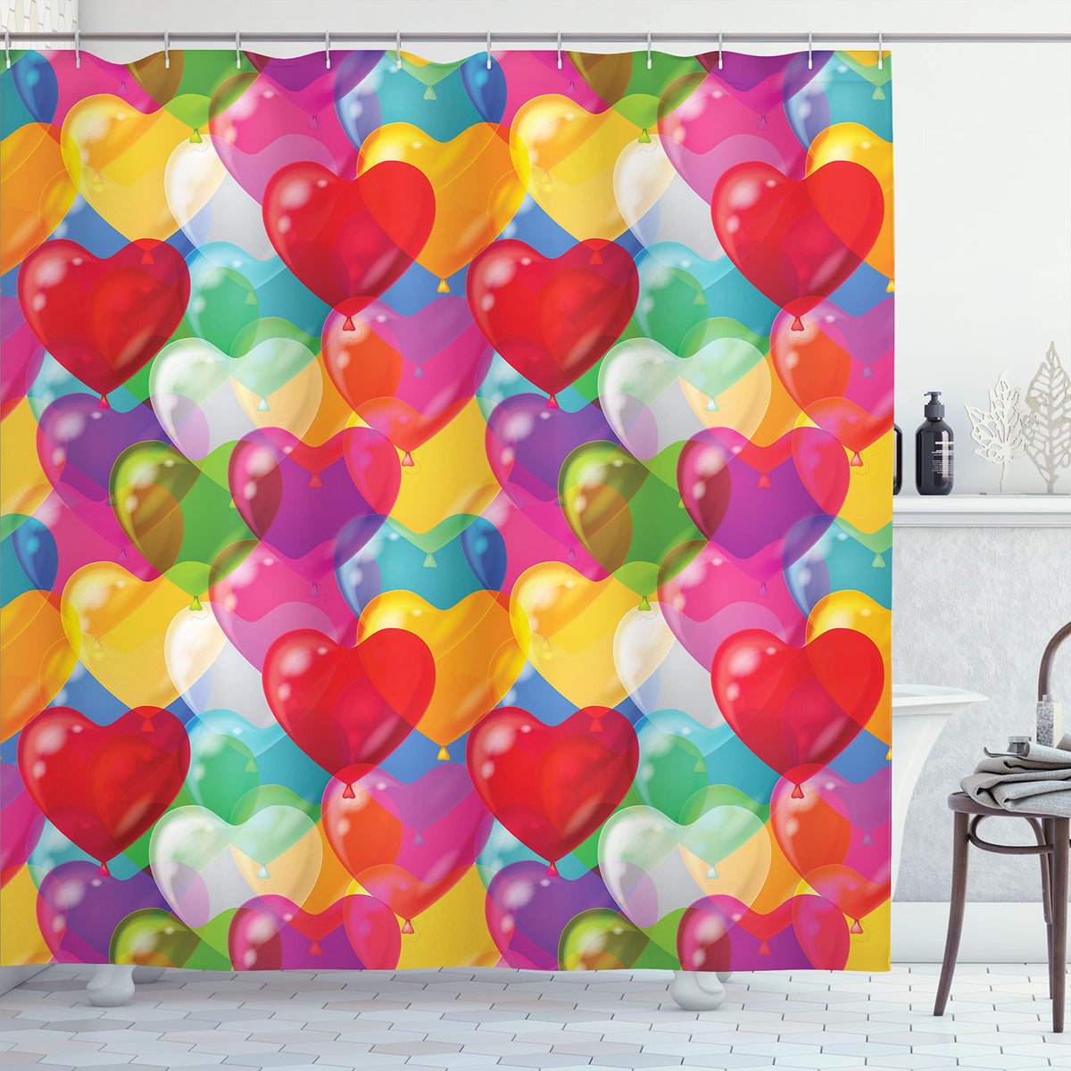 Ambesonne Love Shower Curtain, Heart Shaped Balloons In Colorful Illustration Cheerful Birthday Carnival Happiness, Cloth Fabric