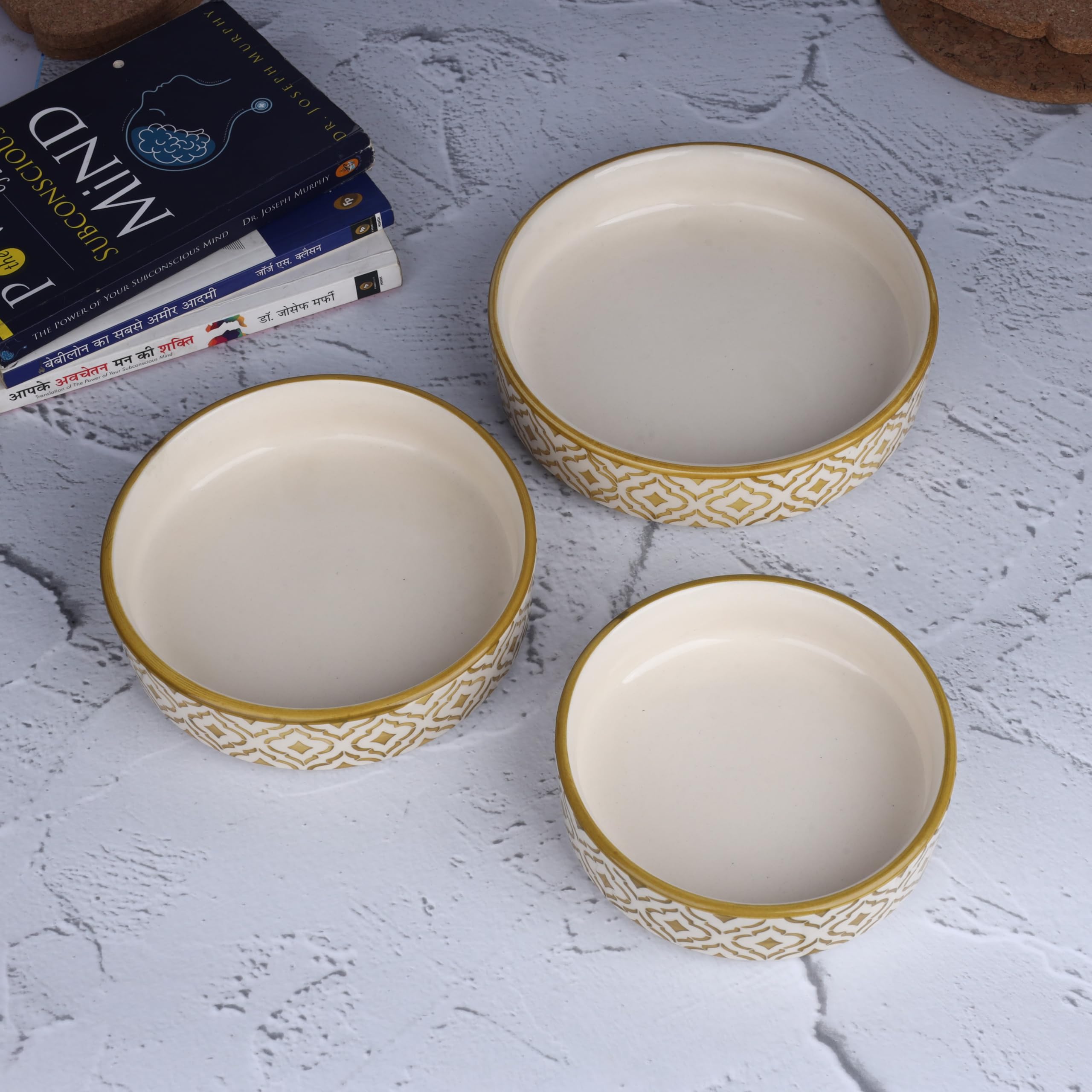 Separate Way Ceramic Flat Deep Serving Bowl Set Of 3, Mix Size - 800Ml, 600Ml, And 500Ml | Glossy Finish | Salad, Snack, Pasta P