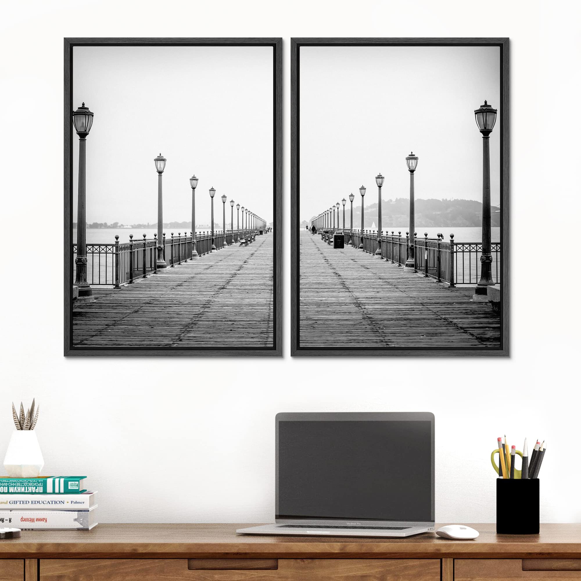 Signford Framed Canvas Print Wall Art Black And White California Beach Boardwalk Pier Cities Architecture Photography Modern Boh