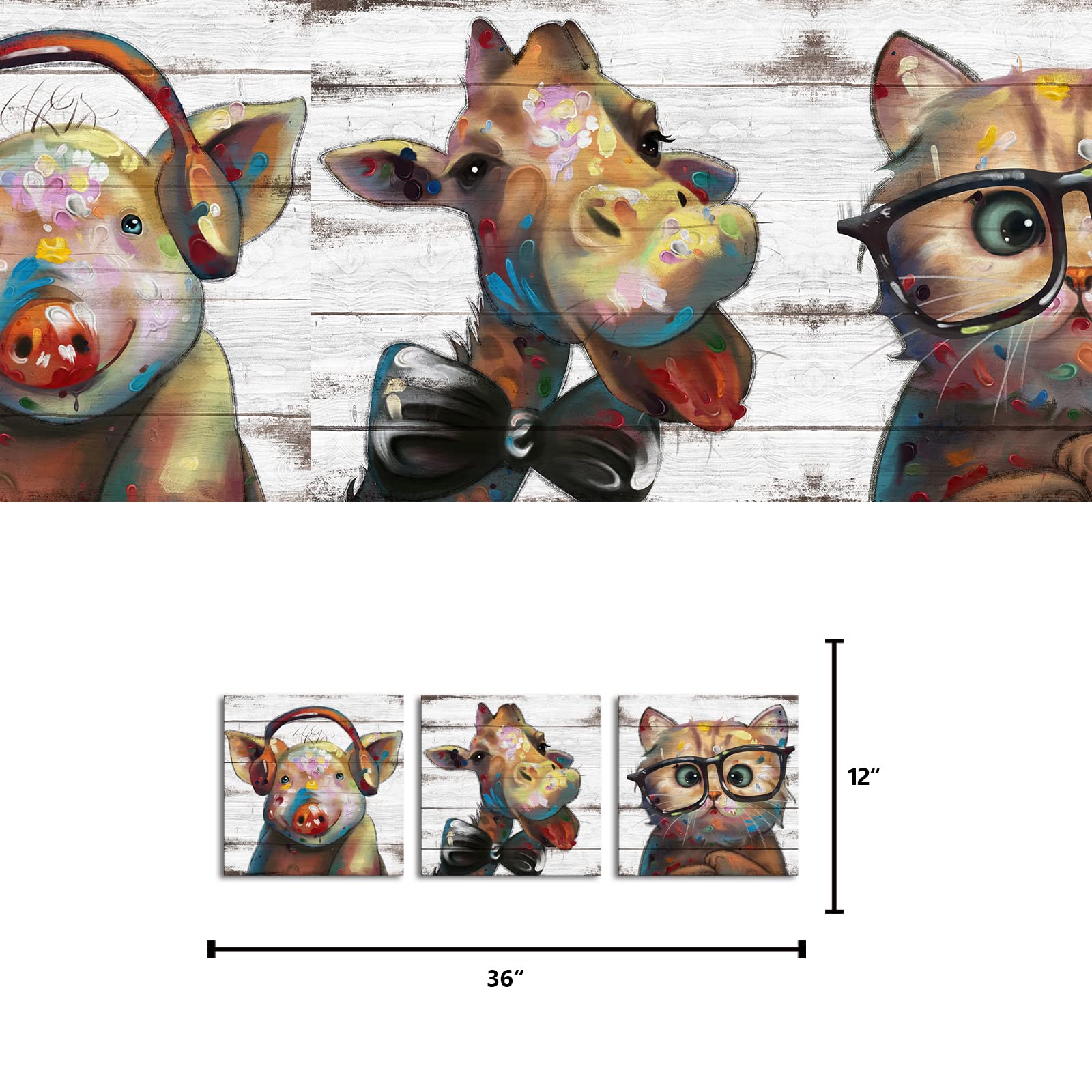 Visual Art Decor Funny Animal Wall Art Giraffe Pig Cat Decor Pictures, Framed Canvas Artwork Nursery Wall Decor, Home Office Kid