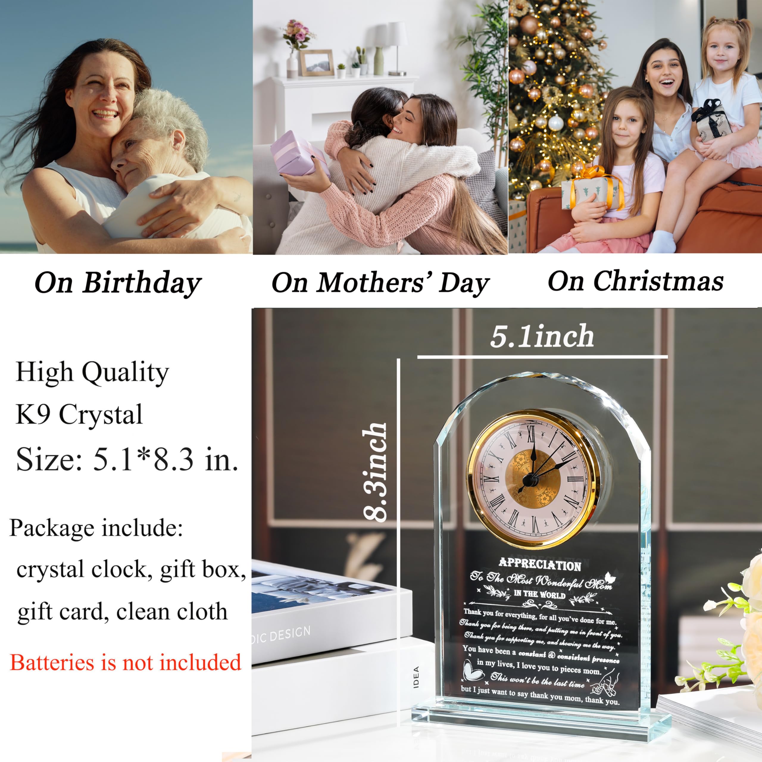 Mom Gifts from Daughter Son - Crystal Clock Engraved Mothers Day Appreciation Gifts Keepsake for Mother Mama who has Everything