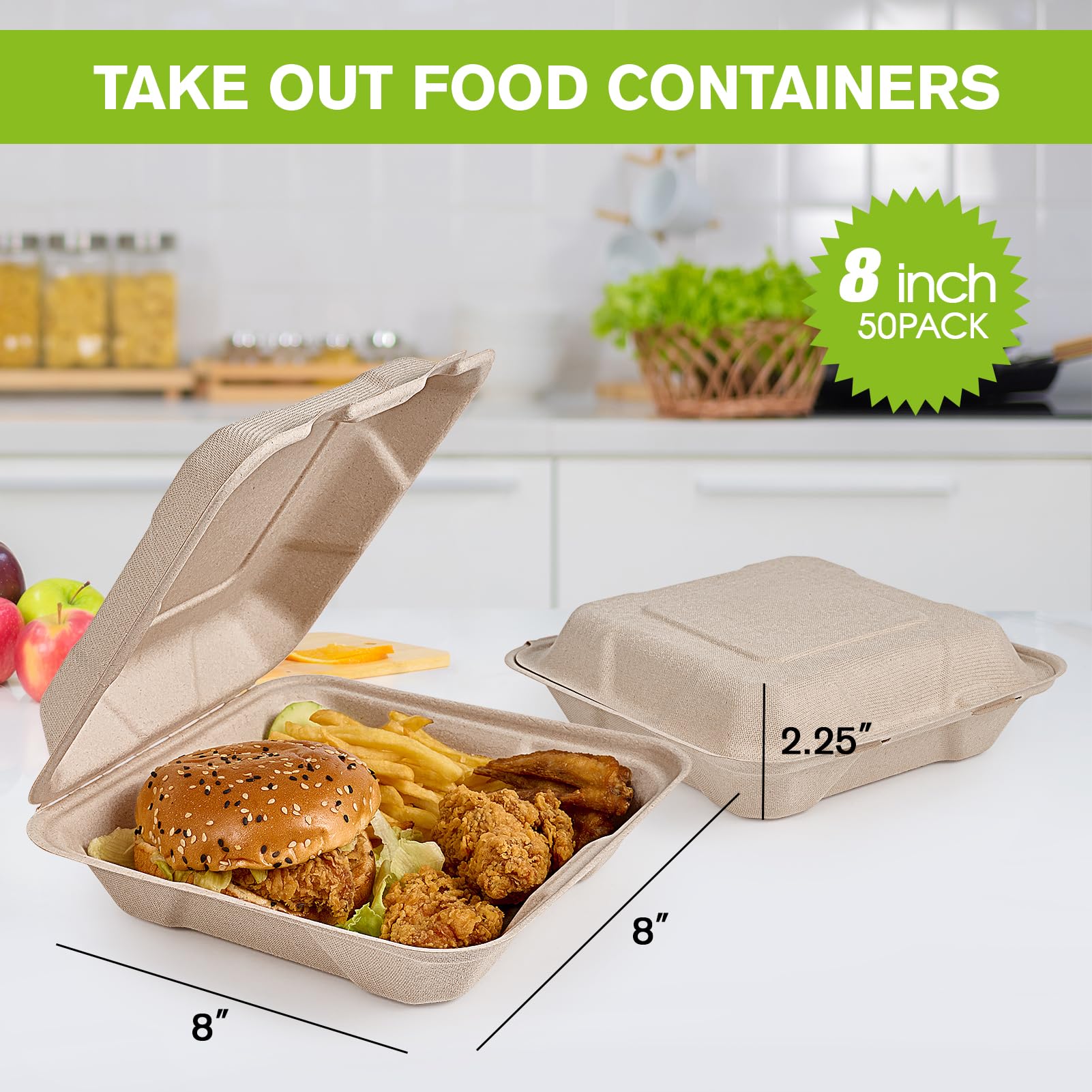 ECOLipak 50 Pack Clamshell Take Out Food Containers  100% Compostable Disposable To Go Containers  8X8 Heavy-Duty To Go Boxes  Eco-Friendly Biodegradable To Go Containers For Food