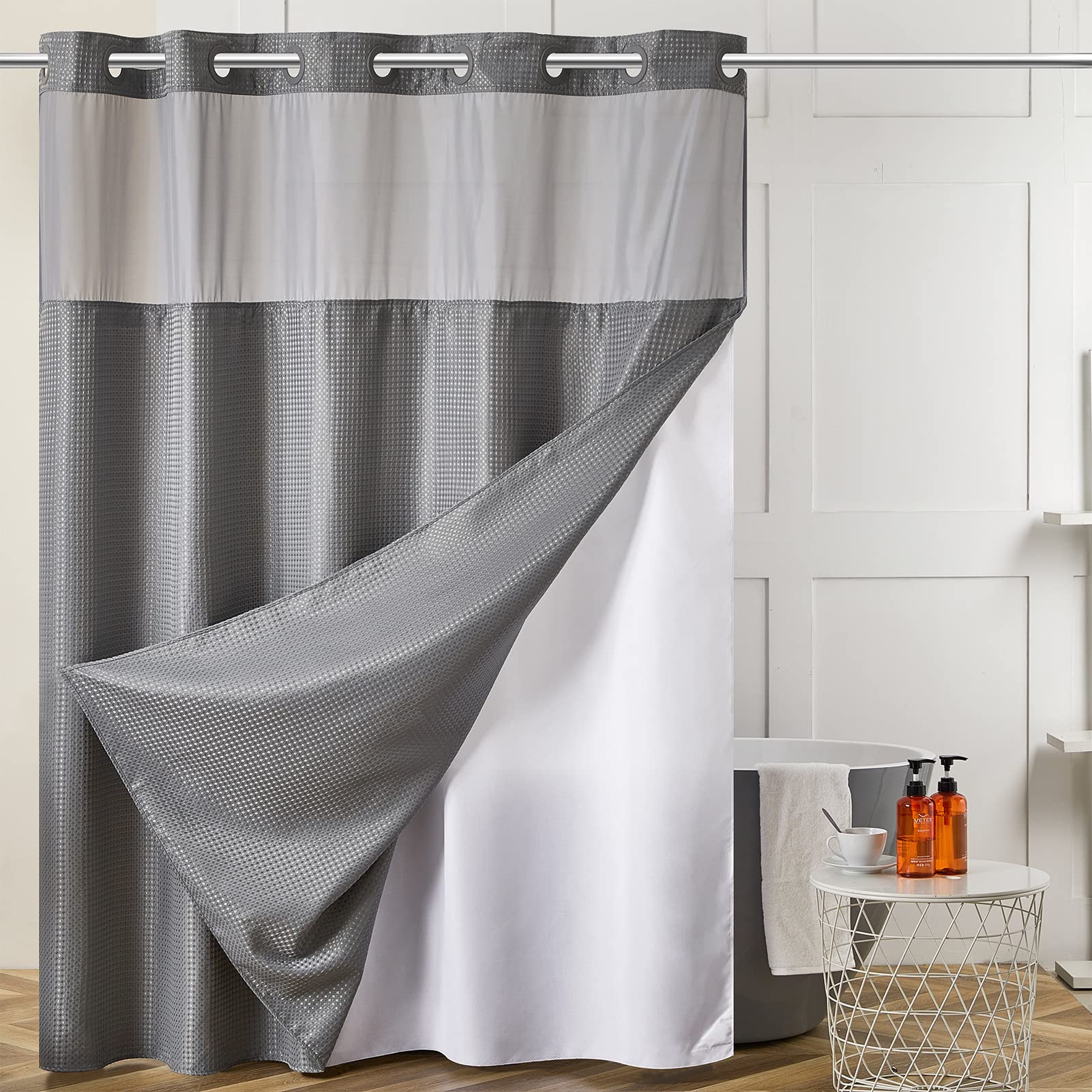 Furlinic Stall Size No Hook Shower Curtain With Snap In Liner,Waffle Weave Heavy Duty Fabric Bathroom Curtains With See Through 
