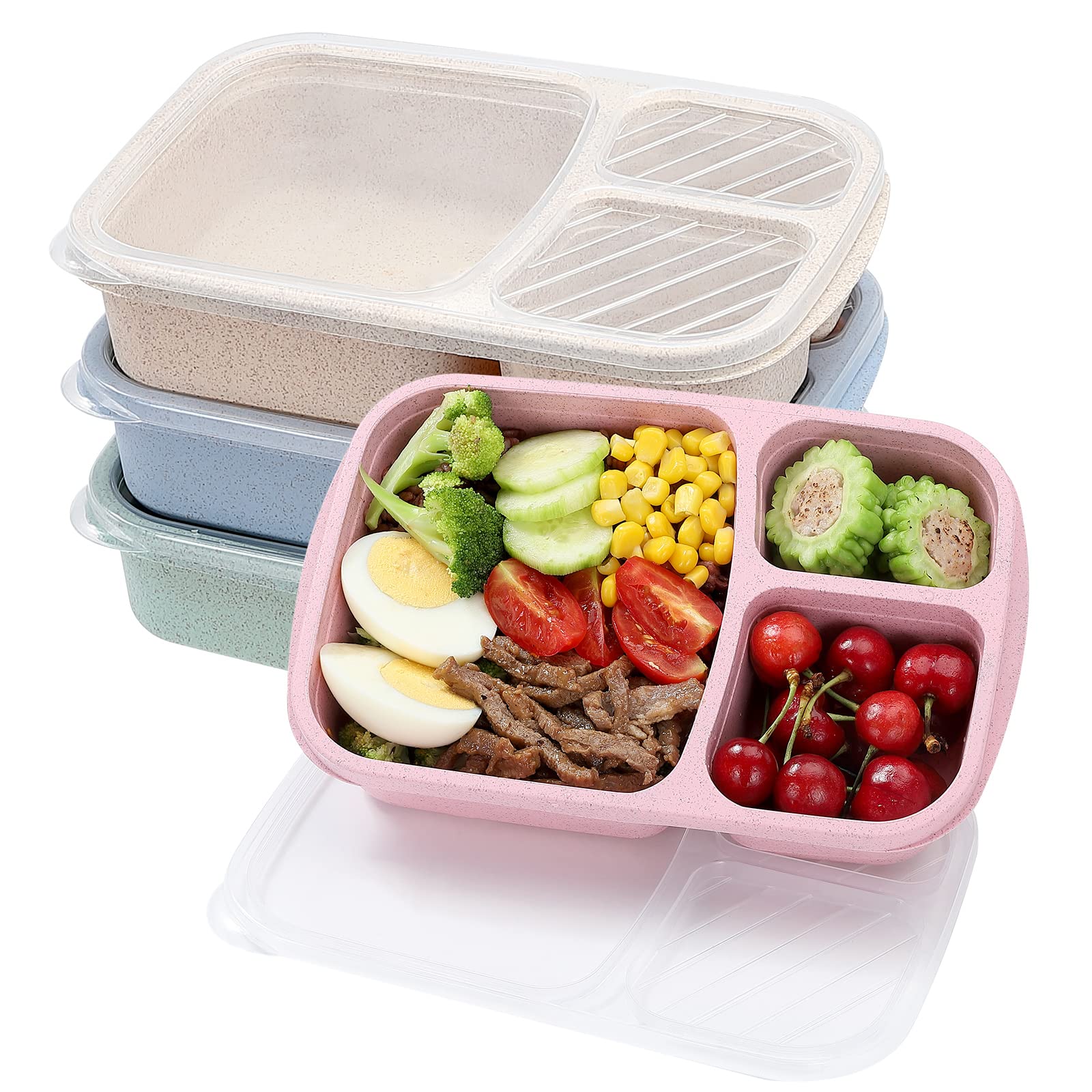 Buluker 4 Pack Bento Lunch Box Set 3 Compartment Wheat Straw Meal Prep Food Storage Containers Plastic, Microwave And Dishwasher