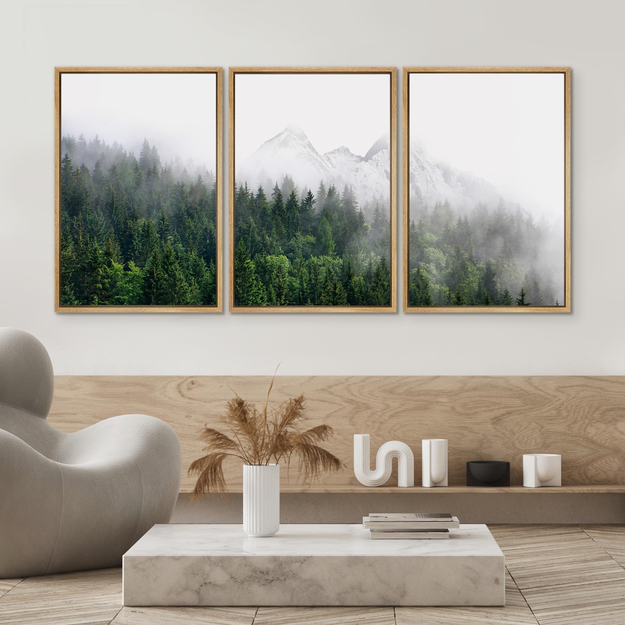 SIGNWIN Framed Canvas Print Wall Art Set Winter Mountain Misty Forest View Nature Wilderness Photography Modern Art Rustic Landscape Relax/Calm for Living Room  Bedroom  Office - 16''x24''x3 Natural