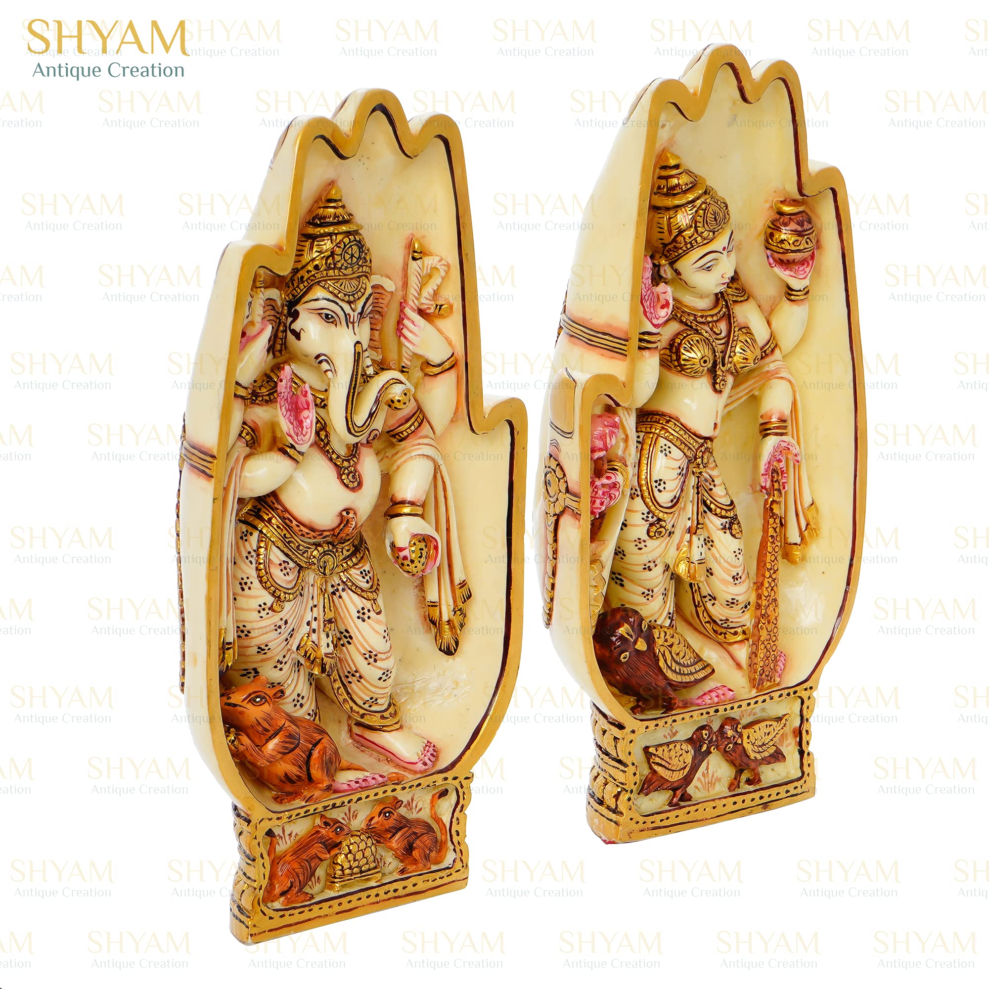 Shyam Antique Creation Pair Of Hands Depicting Lakshmi Seated On Owl And Ganesha On Rat Pair Of Lakshmi Ganesh Idol Murti For Di