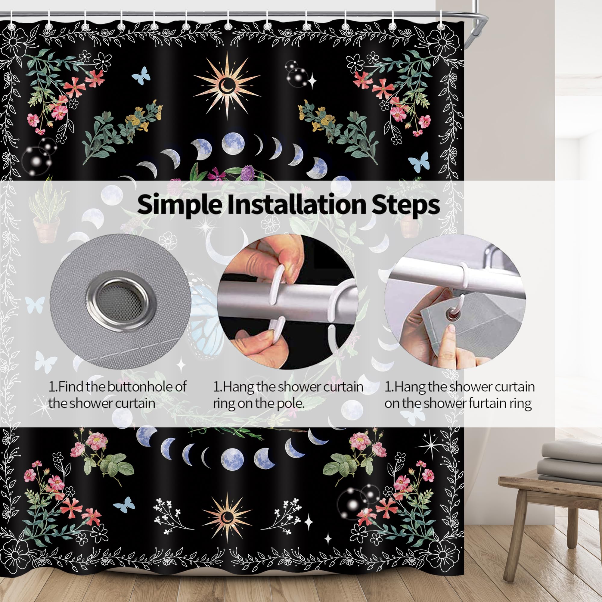 Oolygoo Witchy Boho Butterfly Shower Curtain 60''X72'' Moth Sun And Moon Phase Shower Curtain For Bathroom Hippie Flower Plant G