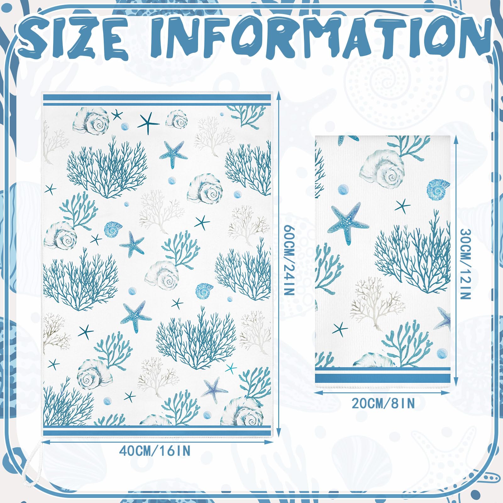Boyiee Set of 6 Beach Kitchen Towels, Ocean Color, 24x16 Inches, Absorbent Microfiber, Nautical Shell & Starfish Design