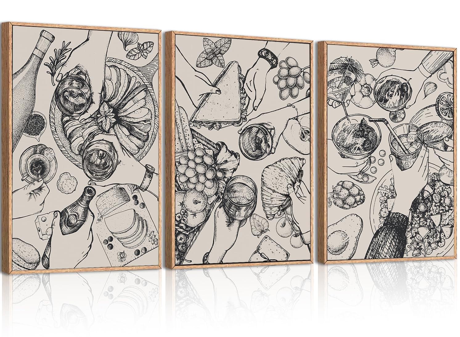 Bincue Framed Food Wood Wall Art Set Of Three Modern Cheers Kitchen Wall Decor Abstract Friends Party Art Print For Kitchen Dini
