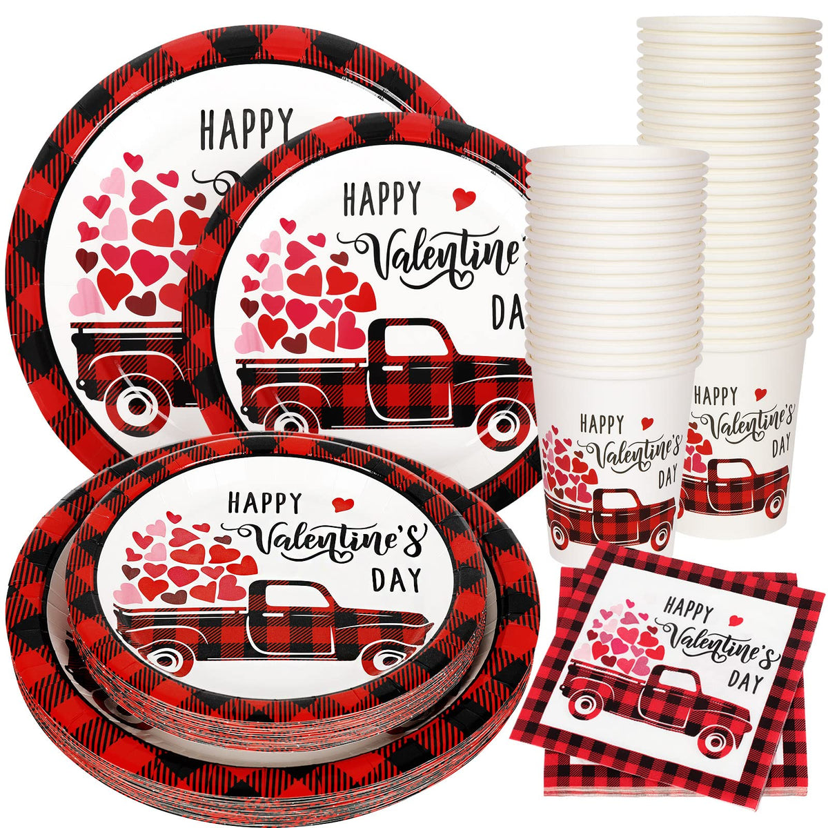 Whaline 100Pcs Valentine'S Day Tableware Set Buffalo Plaid Heart Truck Disposable Dinnerware Set 50Pcs Paper Plates 25Pcs Napkin