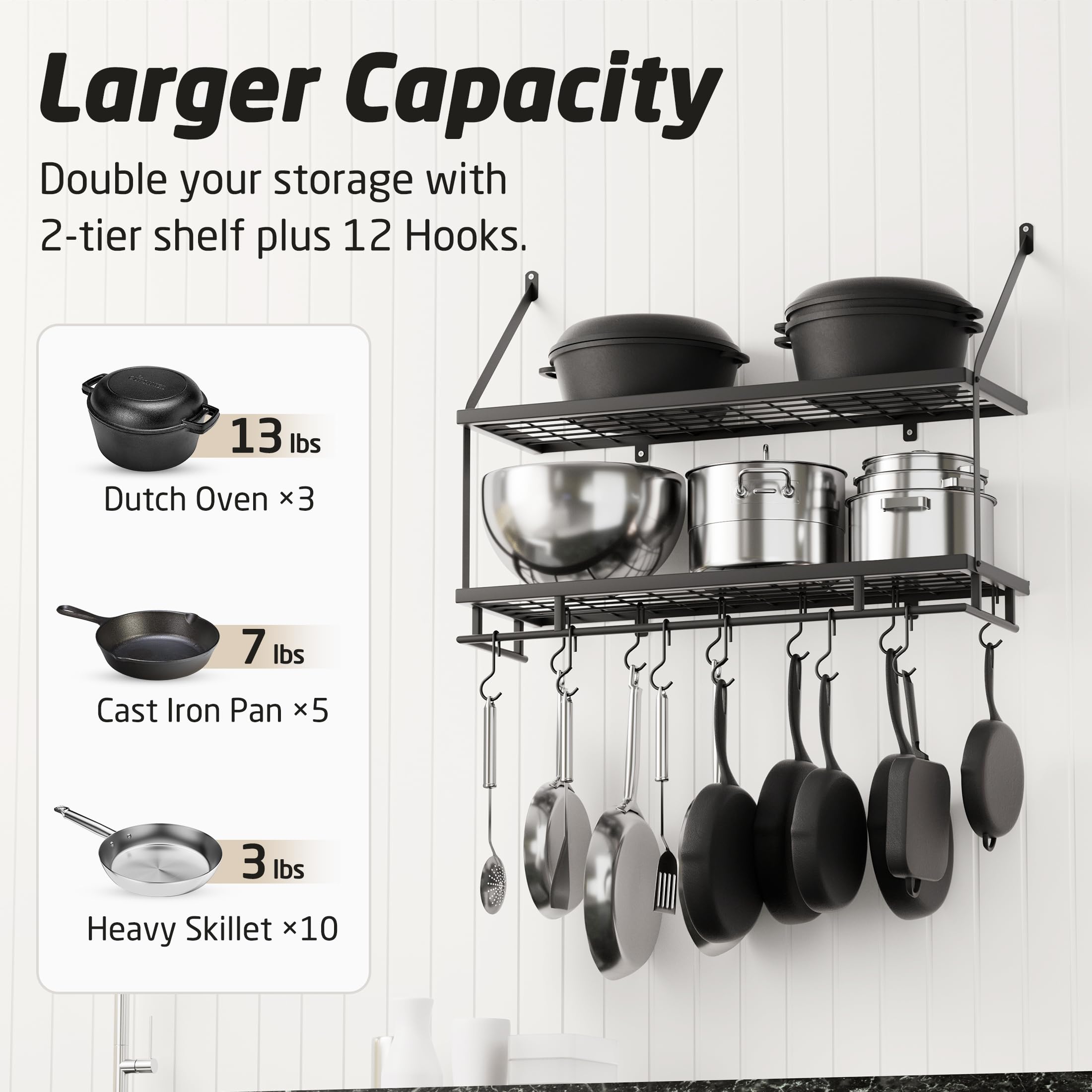 Kes 30-Inch Kitchen Pot Rack - Mounted Hanging Rack For Kitchen Storage And Organization- Matte Black 2-Tier Wall Shelf For Pots