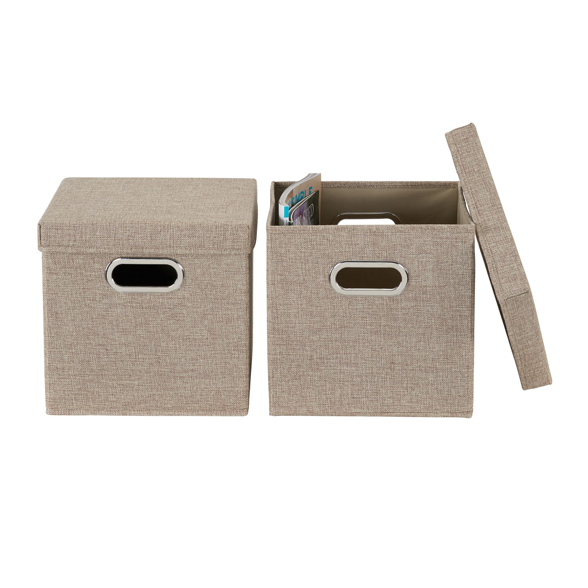 Household Essentials 802-1 Caf   Cube Bin Storage Set With Lids And Handles | 2 Pack, Brown Linen