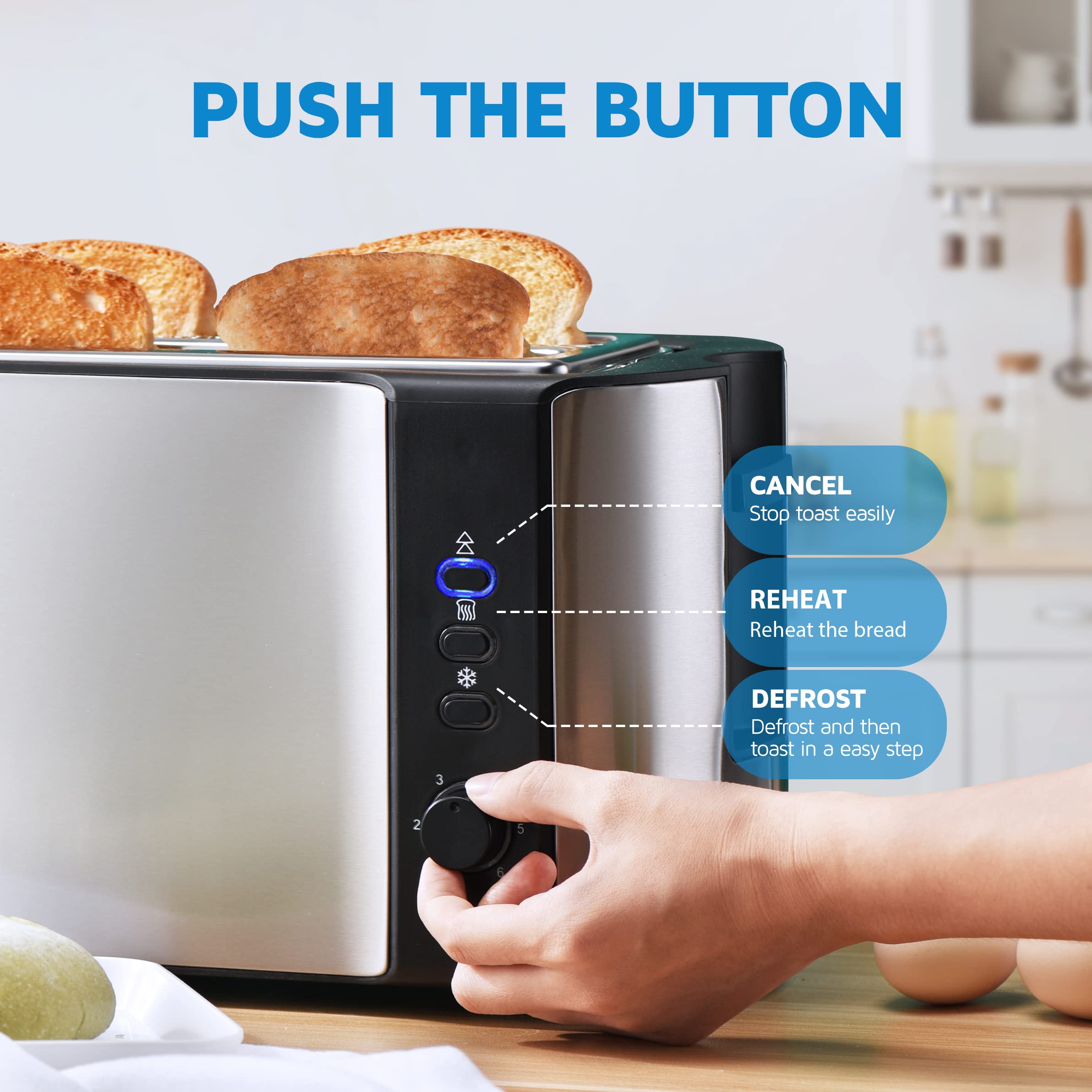 10'' Long Slot Toaster 2 Slice, Extra-Wide Stainless Steel 4 Slice Toaster, Warming Rack & 6 Shade Settings, Defrost/Reheat/Canc