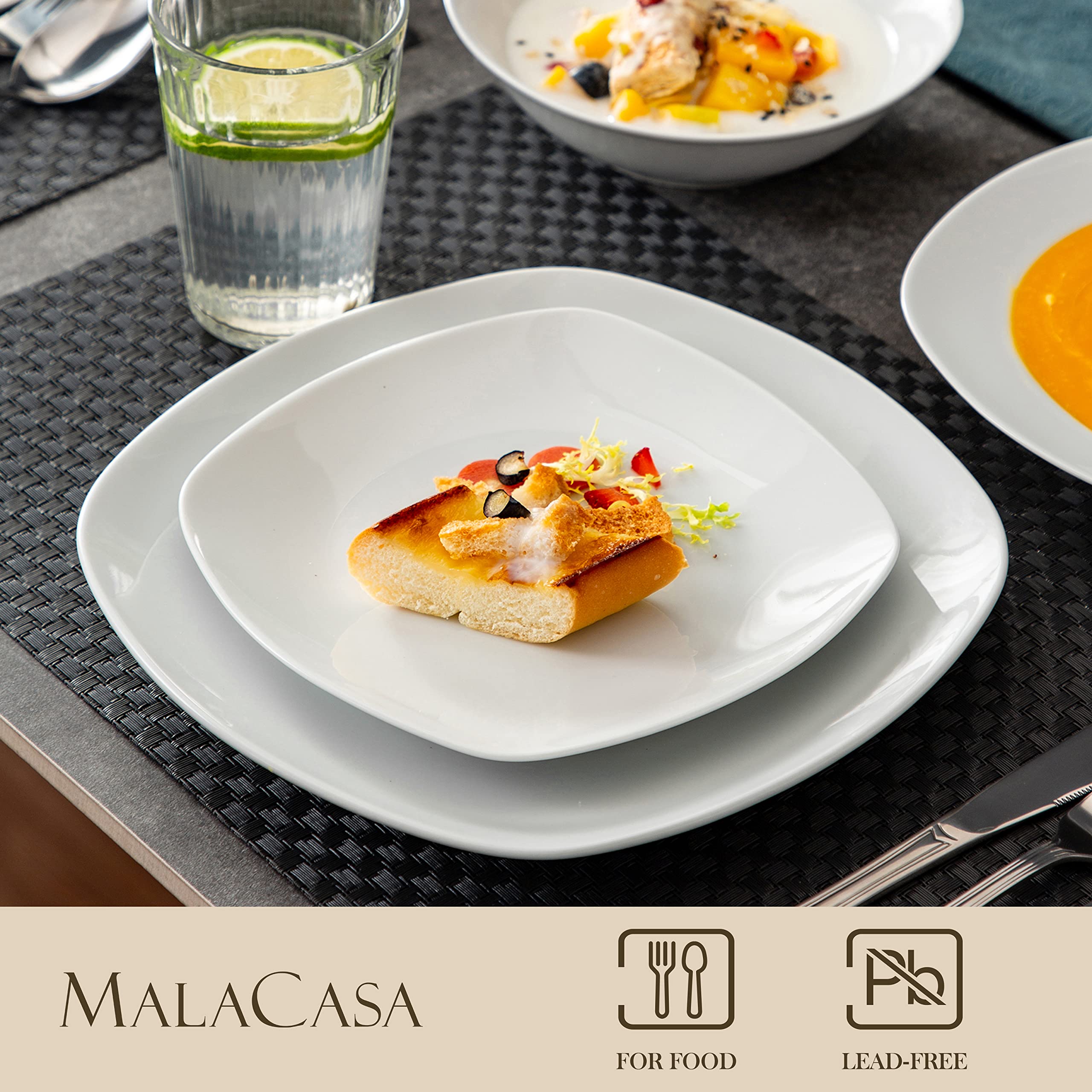 MALACASA Dinnerware Sets, 24-Piece Porcelain Square Dishes, Grey White Ceramic Dish Set for 6, Chip and Scratch Resistant Plates