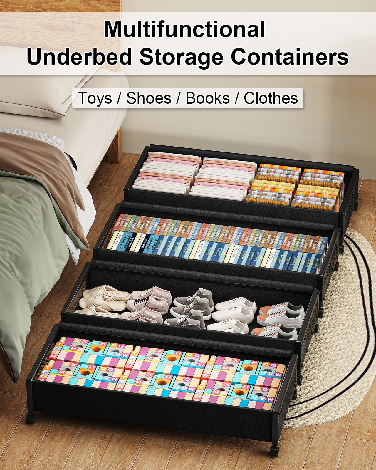 Fokyfok 2 pack Under the Bed Storage Containers,36'' Underbed Storage with Wheels,Under Bed Shoe Storage,Under Bed Rolling Stora