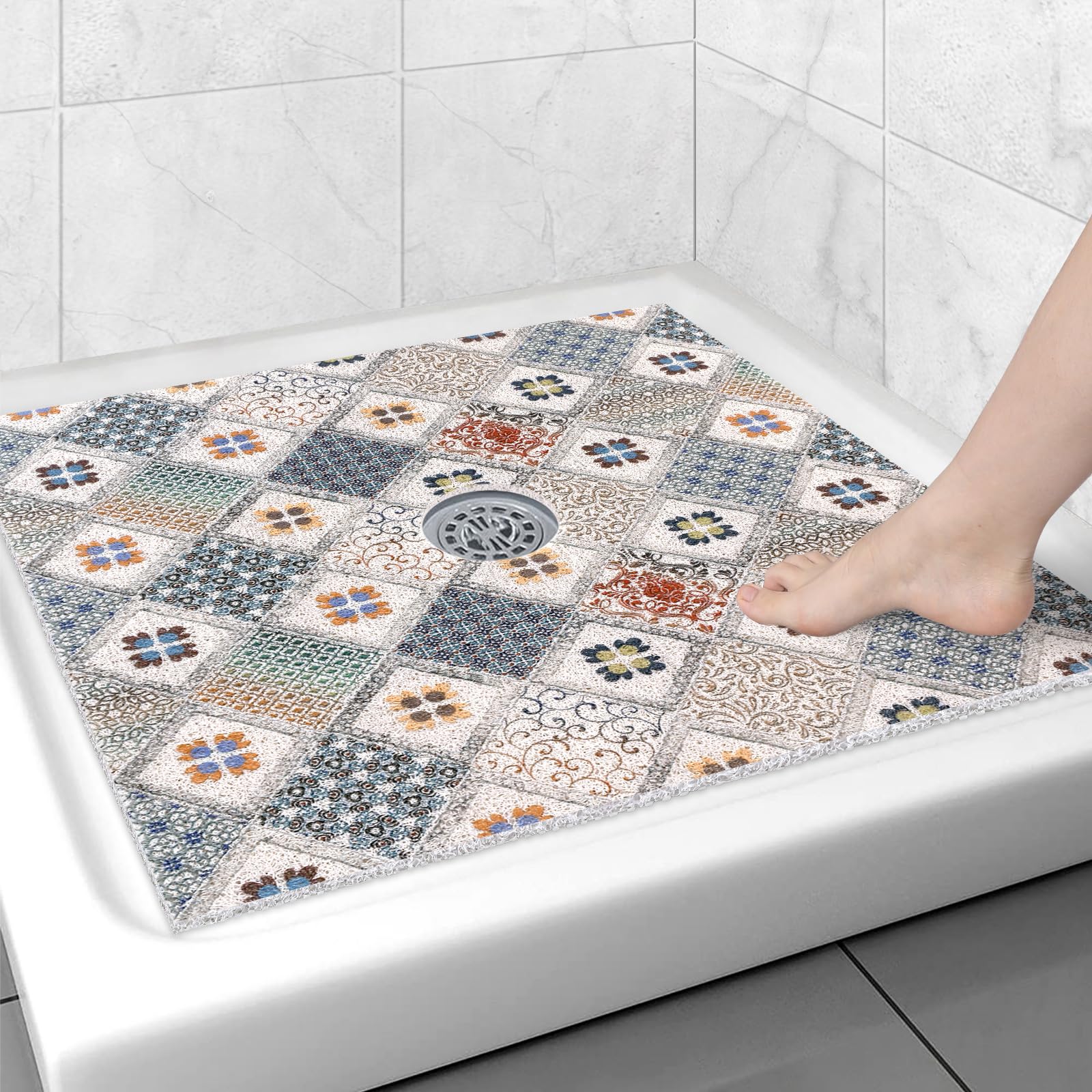 Square Shower Mat Non Slip: 31X31 Inch Extra Large Shower Floor Mat With Drain Hole In Middle - Soft Pvc Loofah Bath Mat For Sho
