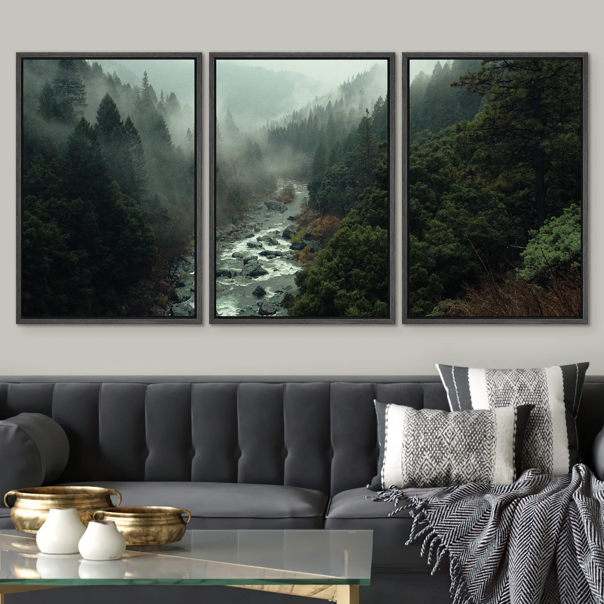 Signwin Cuadros De Pared De Sala, 3 Piece Framed Canvas Wall Art Woodland Nursery Decor Forest Rivers Canvas Prints Home Artwork