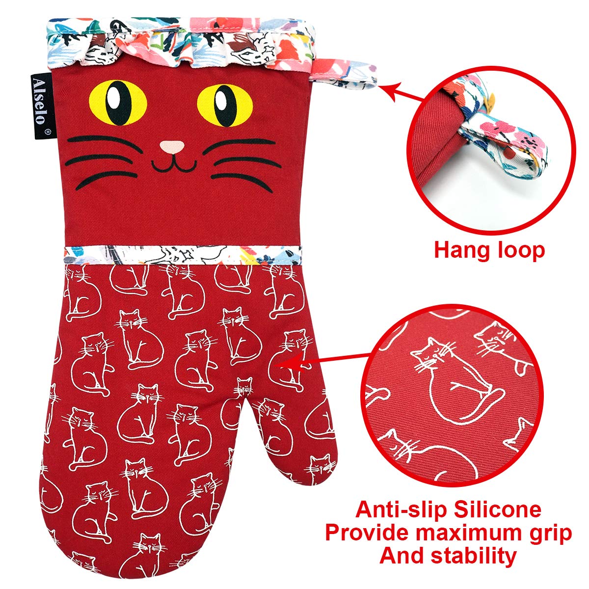 Alselo Oven Mitts, Heat Resistant With Soft Quilted Cotton Lining Set Of 2, Fashion Animal Design With Silicone Printing Anti-Sl