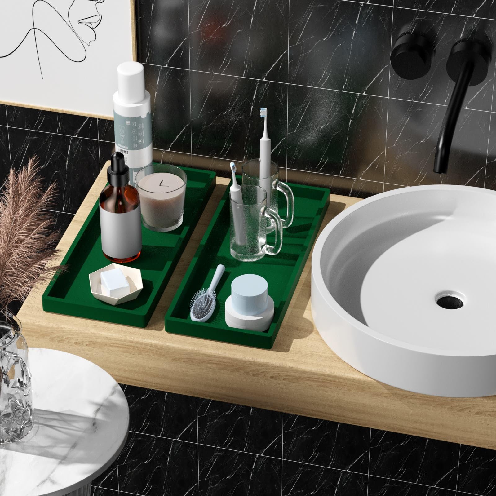 Bbk Bathroom Vanity Tray 11.8 In- 2 Pack(Large) Silicone Bathroom Tray For Counter, Perfume Key Trinket Ring Tray, Decor Soap Di