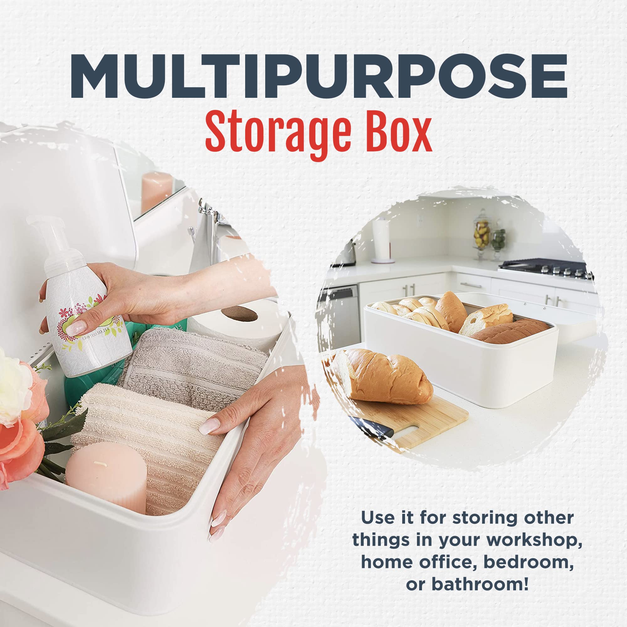 Culinary Couture Extra Large White Bread Box For Kitchen Countertop - Holds 2 Bread Loaves! - 16.5'' X 9'' X 6.5'' - Stainless S