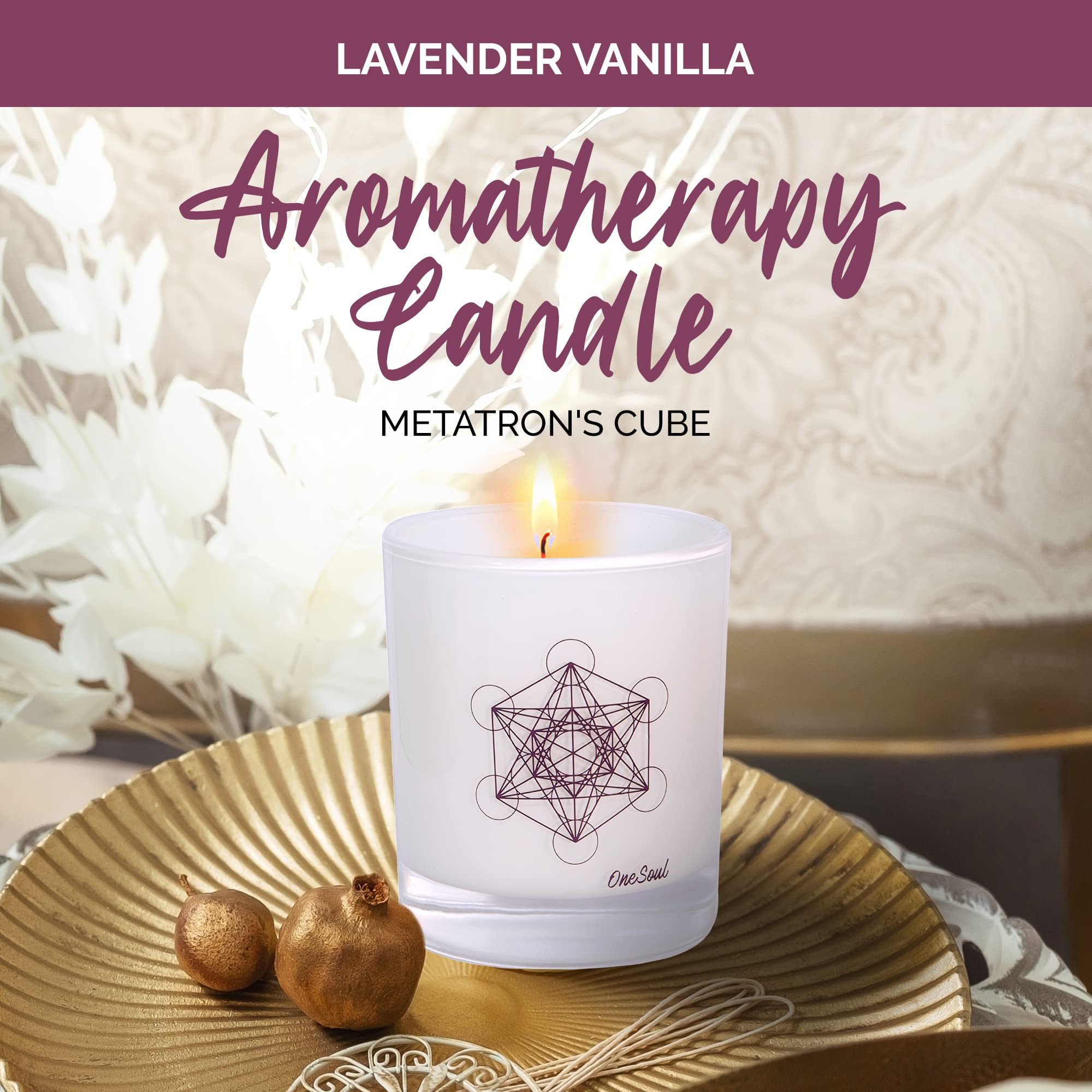 Lavender Vanilla Aromatherapy Candle, Floral Scented Candles, Luxury Candles Scented with Metatrons Cube Symbol, Hand-Poured Soy
