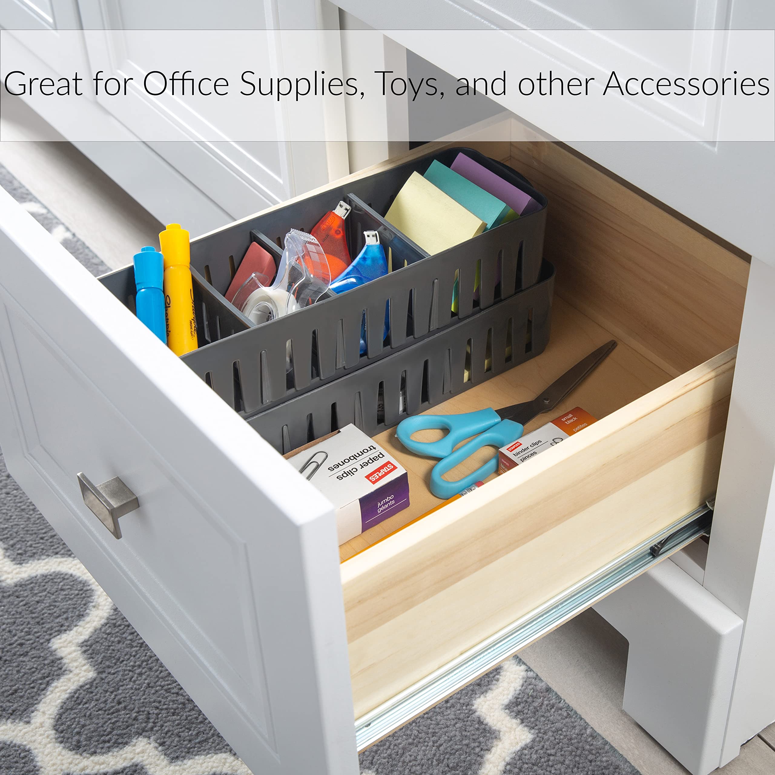 Simplify 2 Pack 4 Compartment Stackable Bin with Adjustable Dividers | Drawer Organizer | Storage Basket | Good for Office | Des