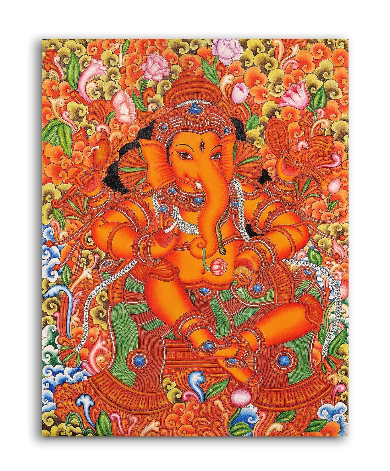 PIXELARTZ Kerala Mural Sri Ganesh Canvas Painting | Traditional Art Unframed Painting for Home dcor - Multicolour (17x23 Inches,