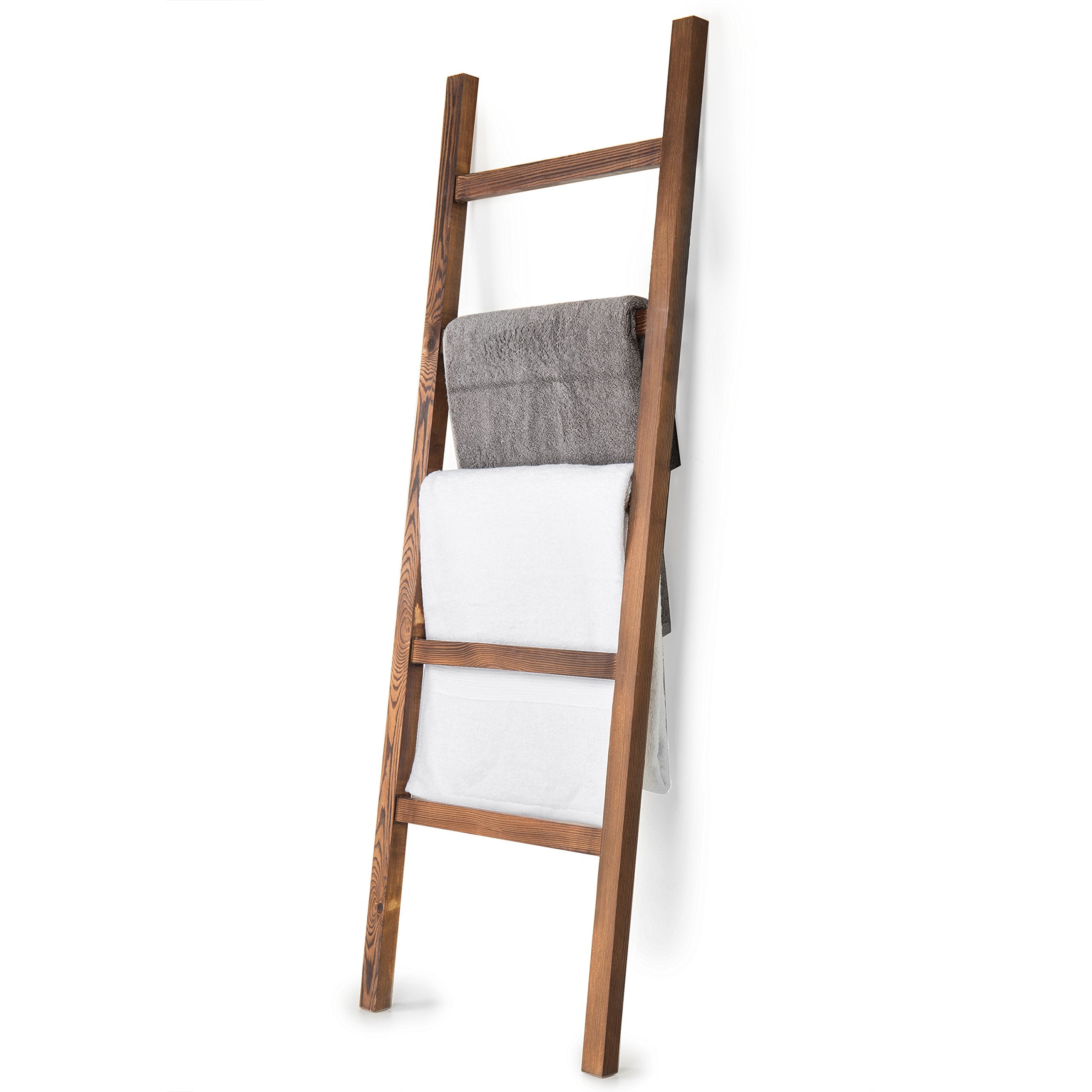 Mygift Rustic Brown Wood 4 Ft Leaning Towel Ladder Rack For Bathroom Storage With 5 Hanging Rungs, Farmhouse Style Blanket And Q