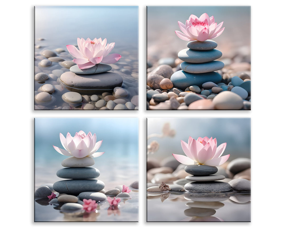 Nan Wind 4Pcs Mordern Zen High-Definition Canvas Print Pink Lotus Stacked Zen Stones Spa Wall Art Easy-To-Hang Wall Art For Sere