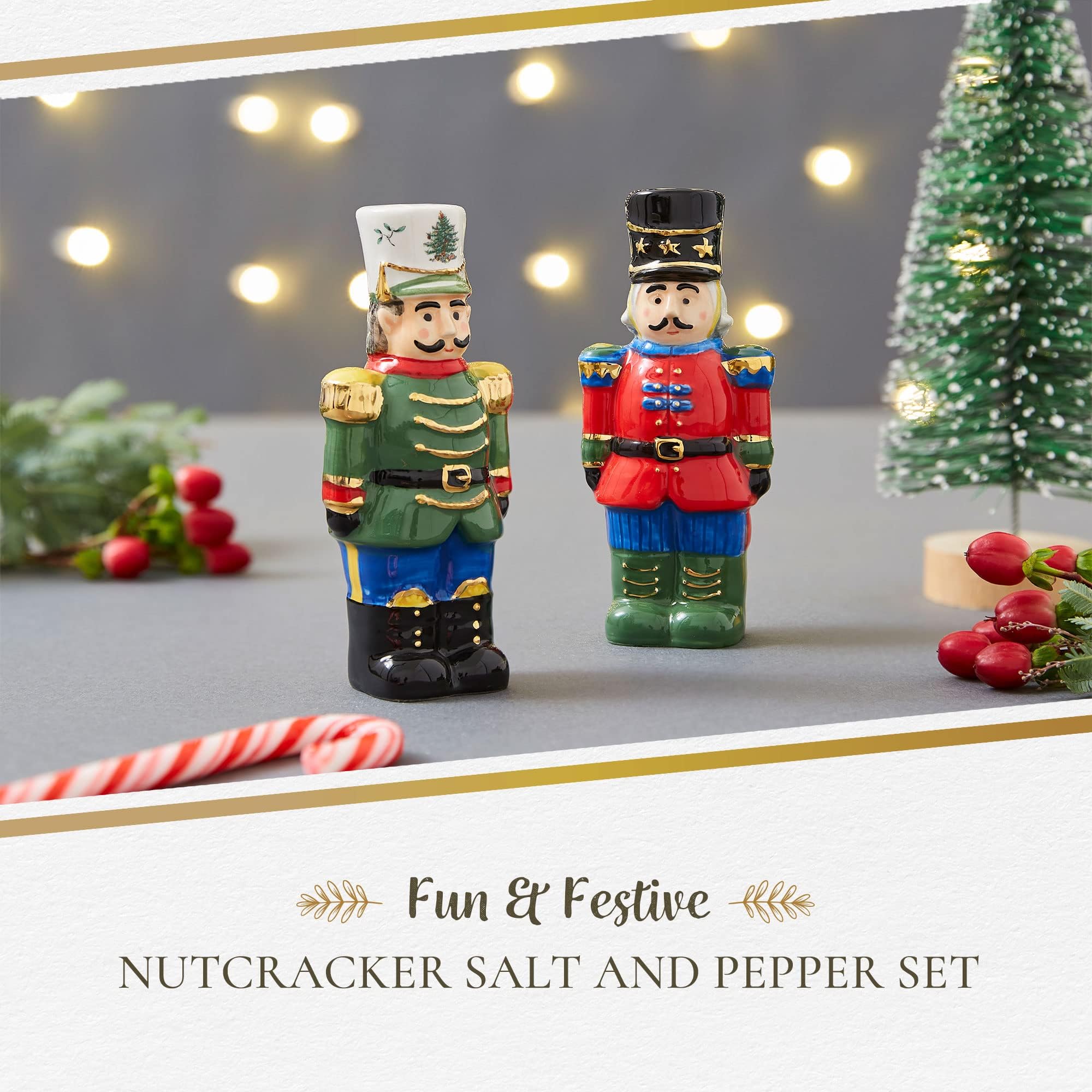 Spode Christmas Tree Collection Nutcracker Salt and Pepper Shaker Set  Green  Measures 4.5-Inches  Holiday Kitchen and Table Shaker  Festive Home D?cor