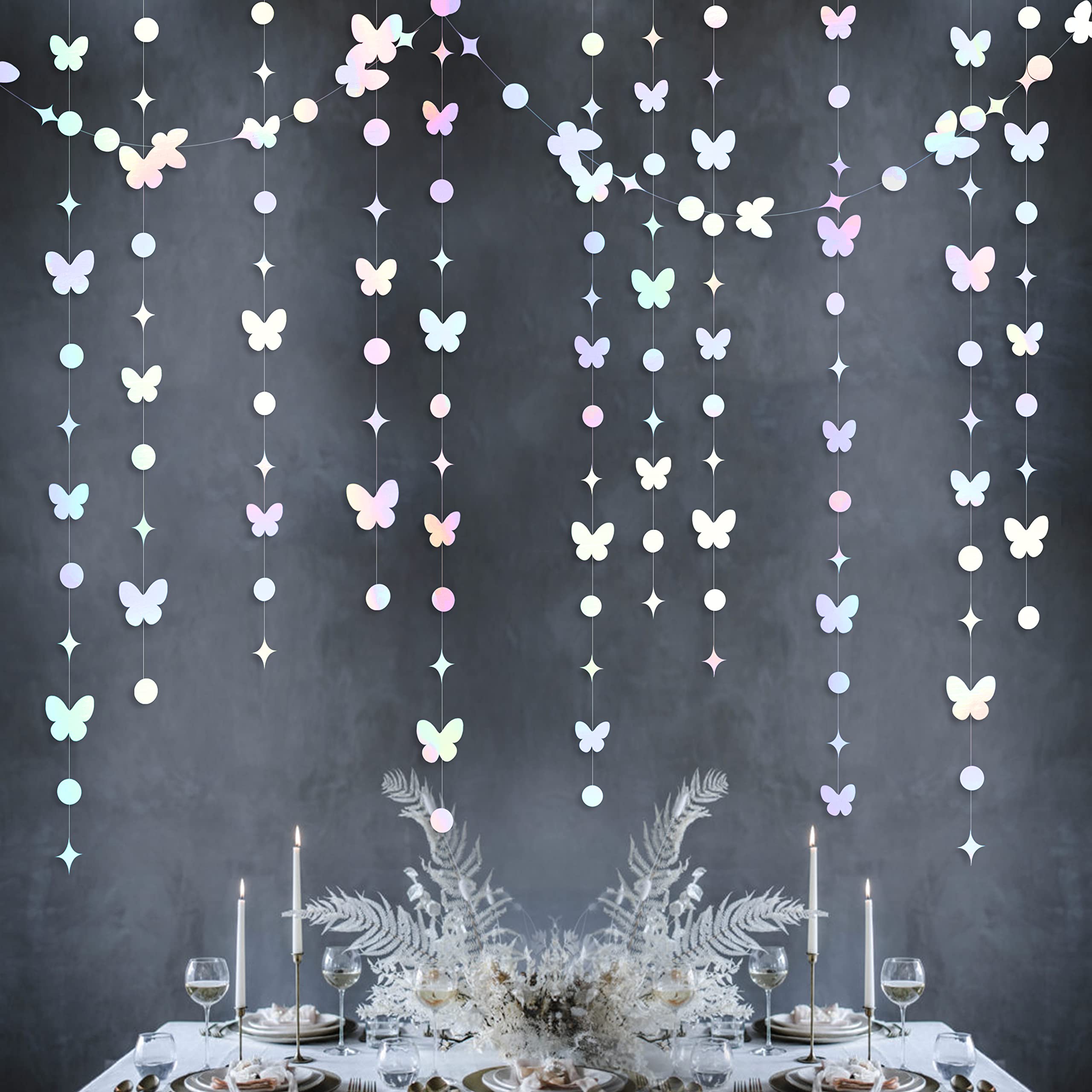 40Ft White Iridescent Butterfly Garlands White Holographic Paper Hanging Polka Dots Star Butterflies Streamer Banner for Spring Engagement Wedding Birthday Bridal Shower Bachelorette Party Decorations
