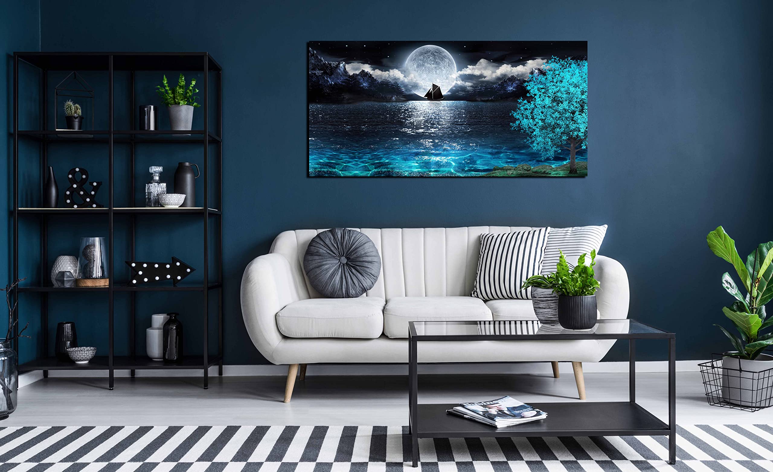 Aburaeart Moon Sea Ocean Large Canvas Wall-Art For Living Room - Blue Tree Wall Decor - Large Artwork On Canvas Print Ready To H