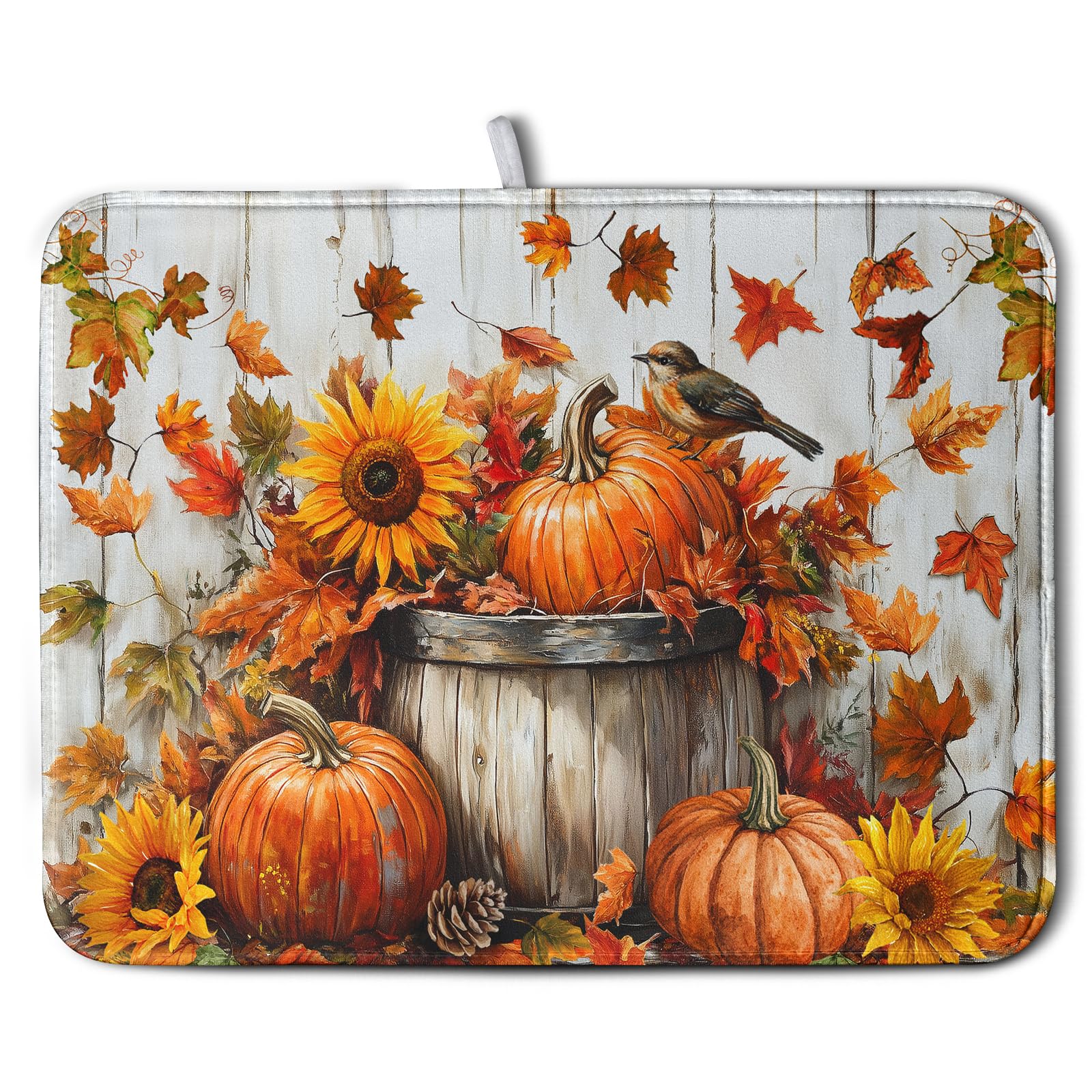 Wnoesat Fall Dish Drying Mat for Kitchen Counter Pumpkin Sunflower Maple Leaf Birds Drying Mats Autumn Thanksgiving Harvest Dish