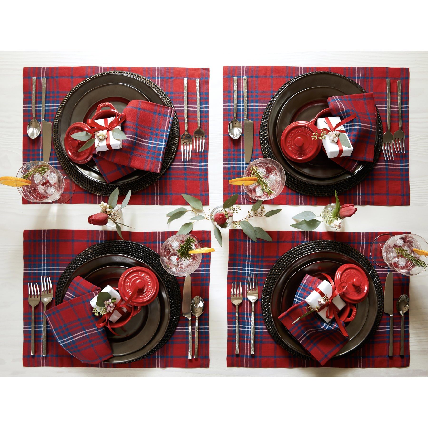 Solino Home Placemats Set Of 4-100% Pure Linen Red And Navy Tartan Plaid Cloth Placemats 19'' L X 14'' W Inch - Handcrafted And