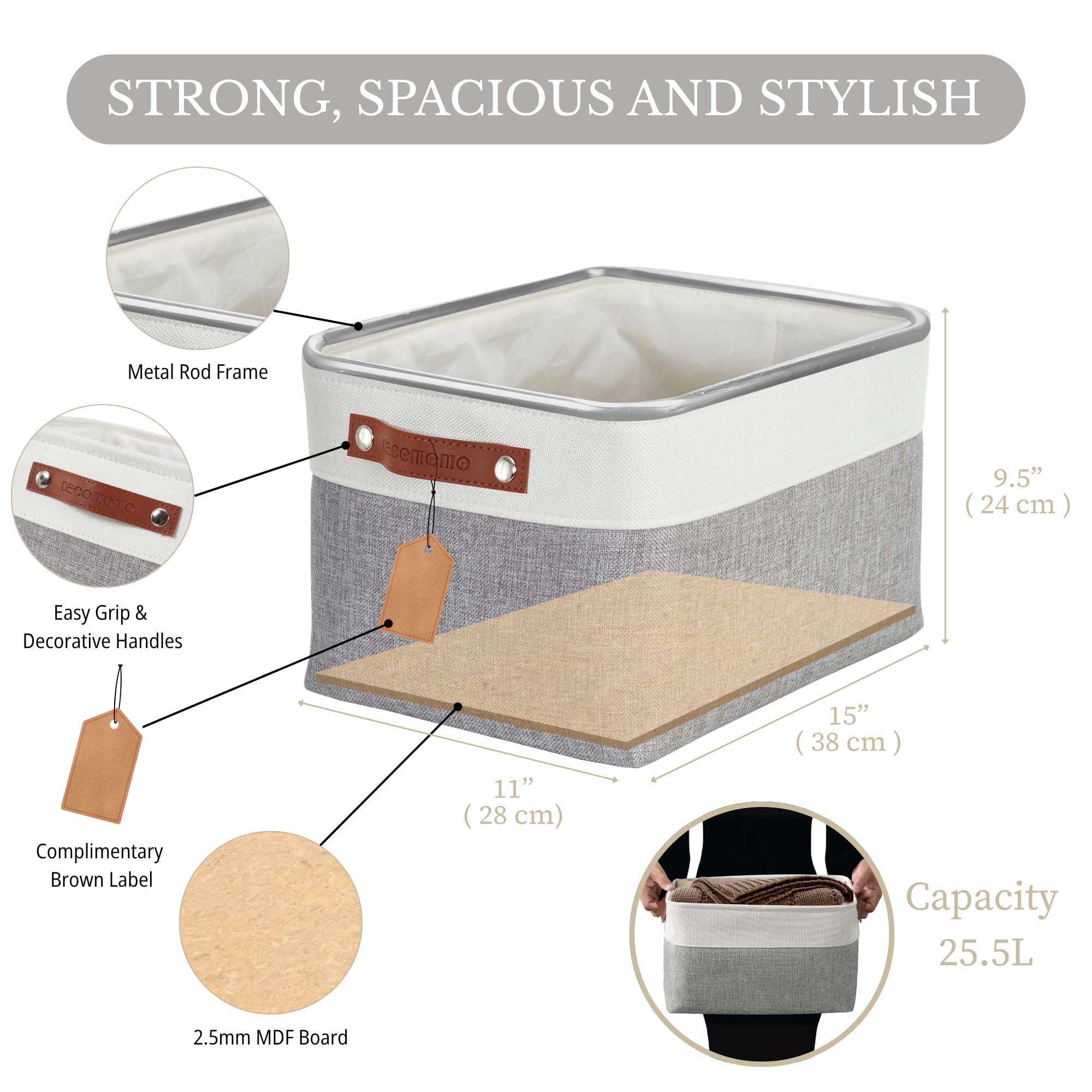 DECOMOMO Storage Baskets for Shelves - Fabric Storage Bins, Linen Closet Organizers and Storage (Grey & White, Large - 1 Pack)